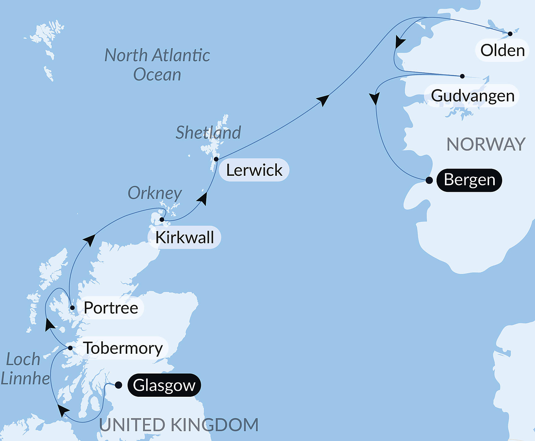 Official PONANT route map for Scottish Isles and Norwegian Fjords Voyage – with Smithsonian Journeys aboard Le Champlain, Voyage EC190528