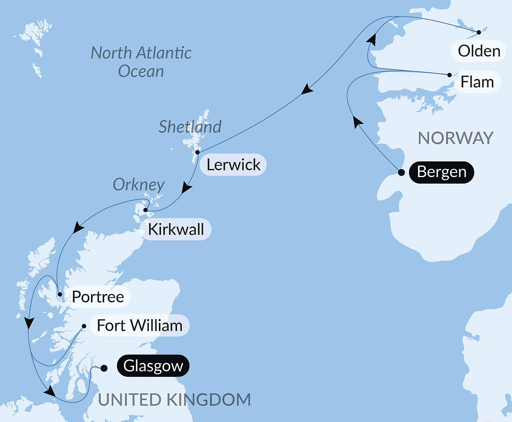 Official PONANT route map for Scottish Isles and Norwegian Fjords Voyage – with Smithsonian Journeys aboard Le Lapérouse, Voyage ER260828