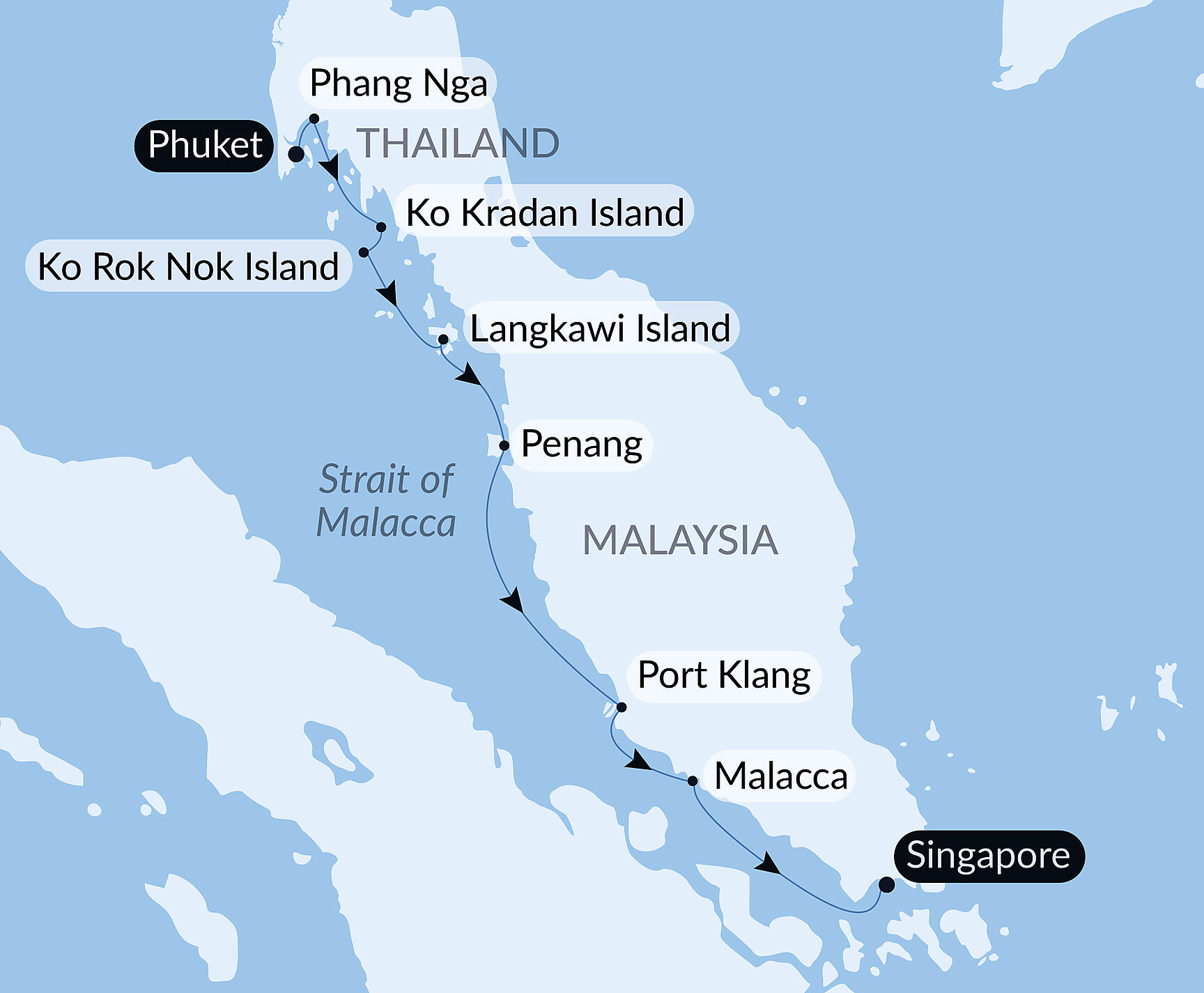 Official PONANT route map for Multicultural Discoveries from Malaysia to Thailand aboard Le Soléal, Voyage SO191227
