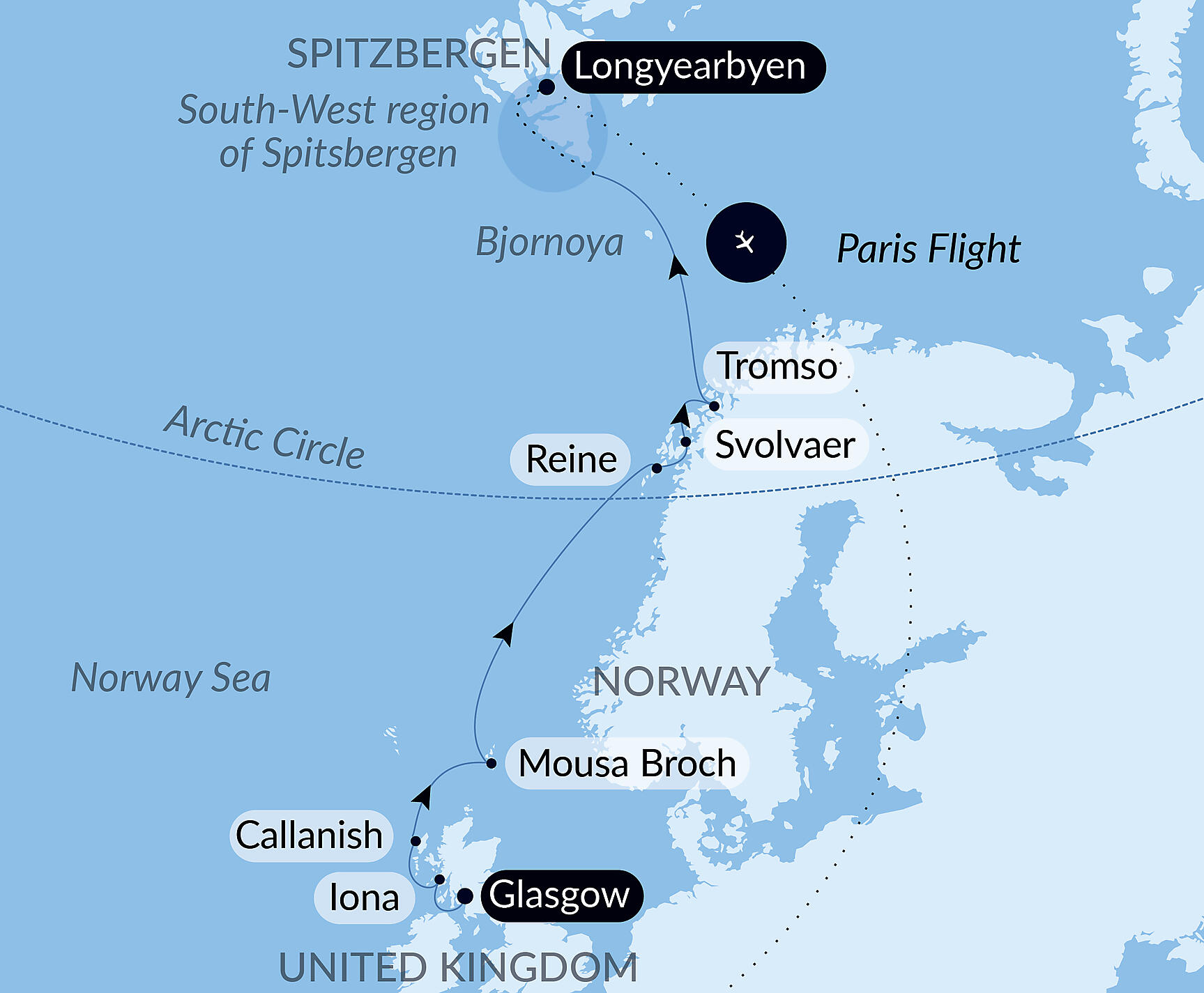 Official PONANT route map for From Scotland to Spitsbergen aboard Le Lyrial, Voyage LY200528