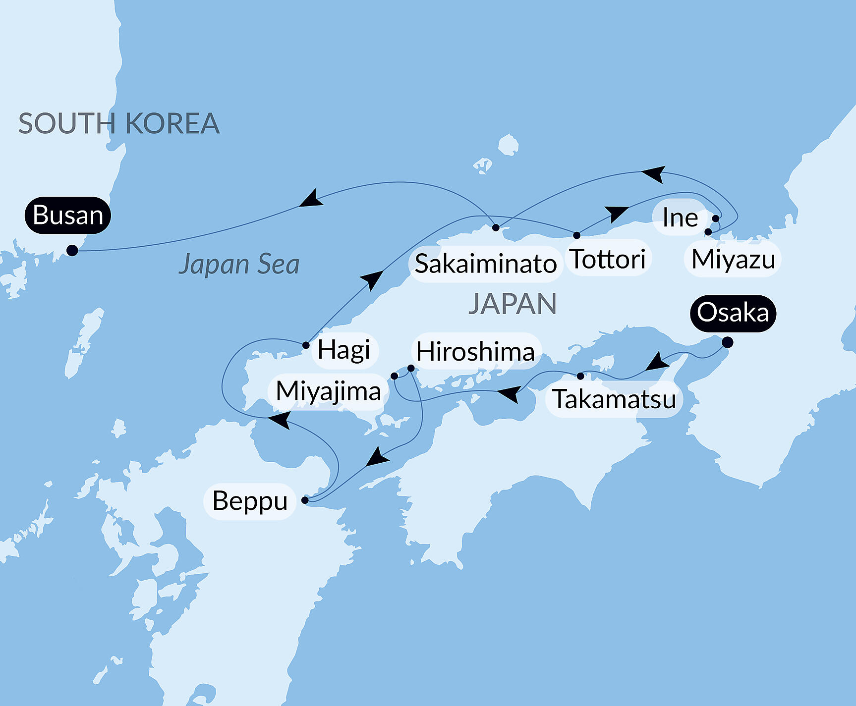 Official PONANT route map for Japanese ancestral traditions and legendary shrines aboard Le Soléal, Voyage SO120528