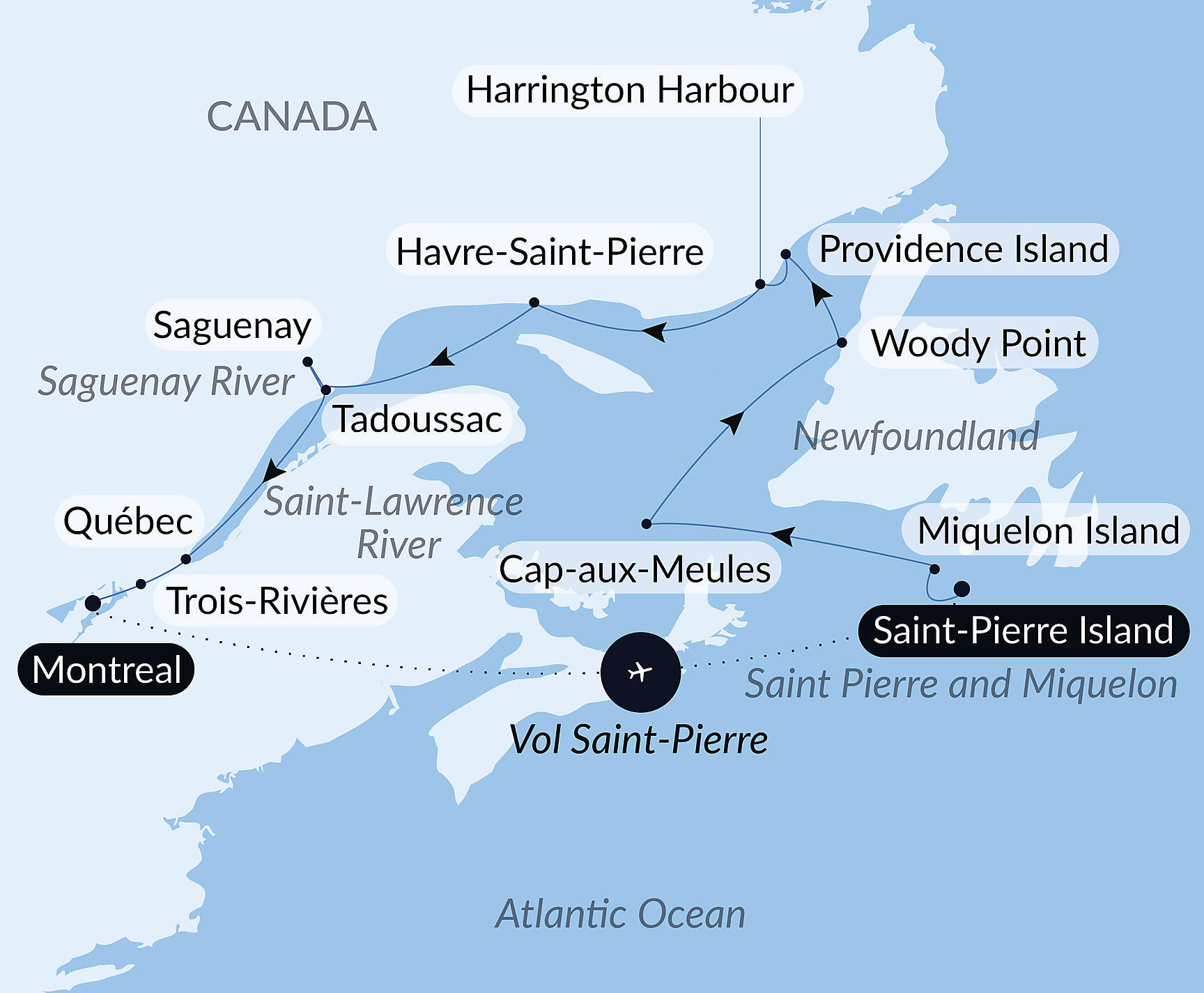Official PONANT route map for Exploration along Saint Lawrence aboard Le Lyrial, Voyage LY110928