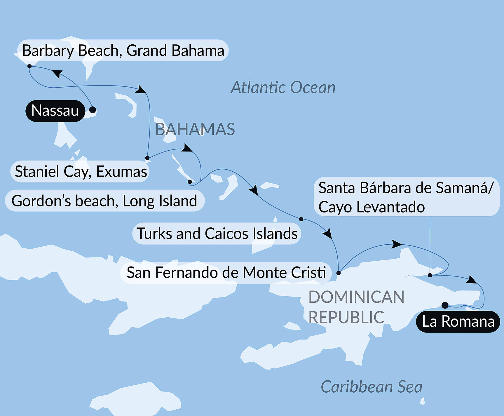 Official PONANT route map for Jewels of the northern Caribbean aboard Le Champlain, Voyage EC020228