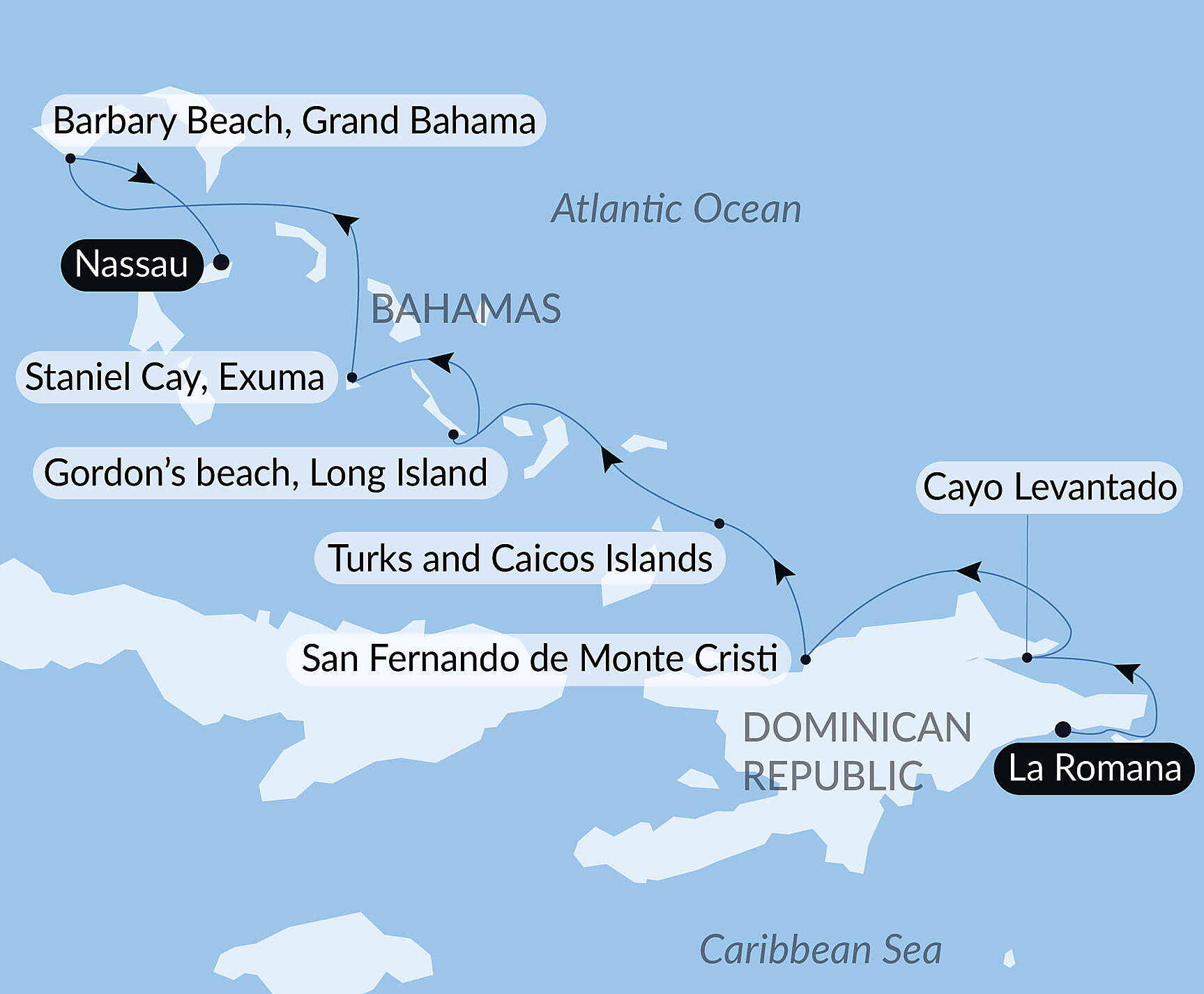 Official PONANT route map for Jewels of the northern Caribbean aboard Le Champlain, Voyage EC120128