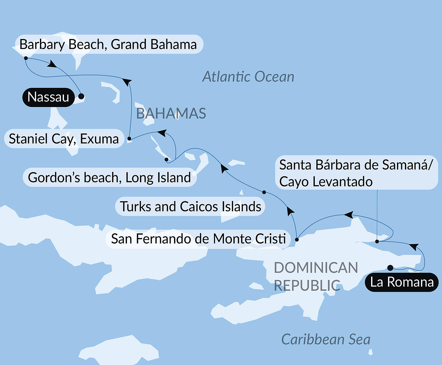 Official PONANT route map for Jewels of the northern Caribbean aboard Le Champlain, Voyage EC260128