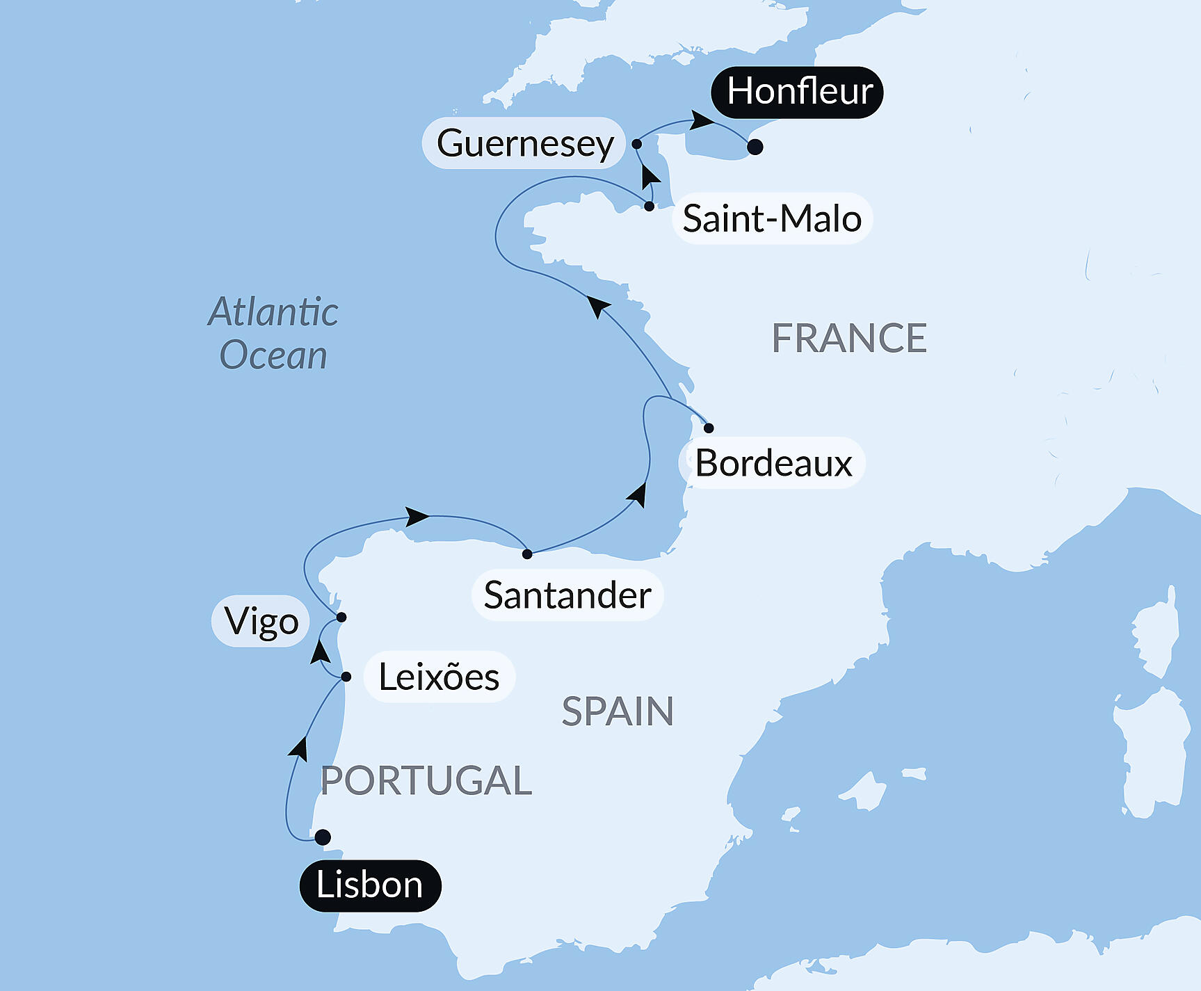Official PONANT route map for The Iberian Peninsula and Fortified cities of the Atlantic aboard Le Champlain, Voyage EC100428