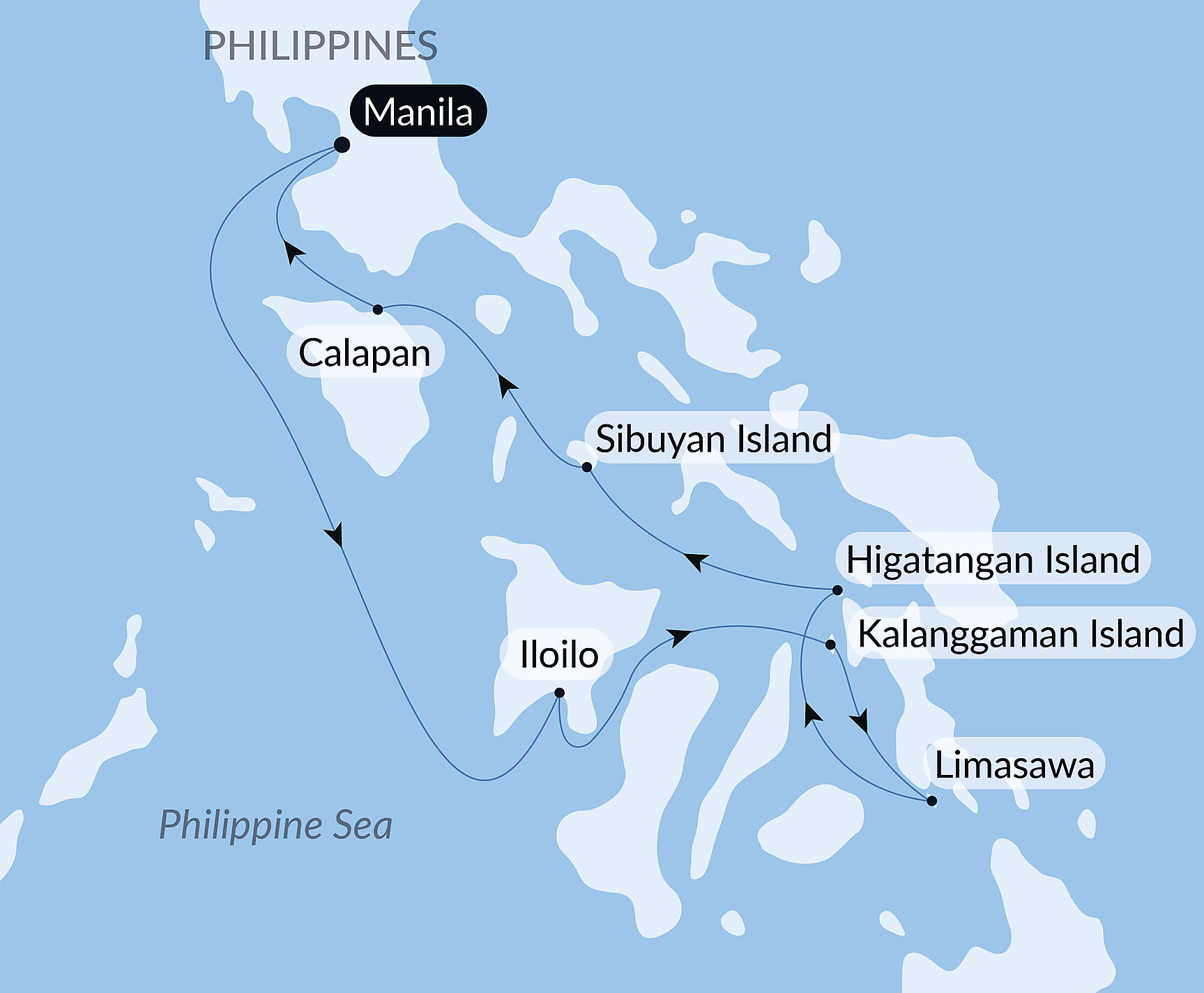 Official PONANT route map for In the heart of the Visayas, the preserved soul of the Philippines aboard Le Soléal, Voyage SO190228