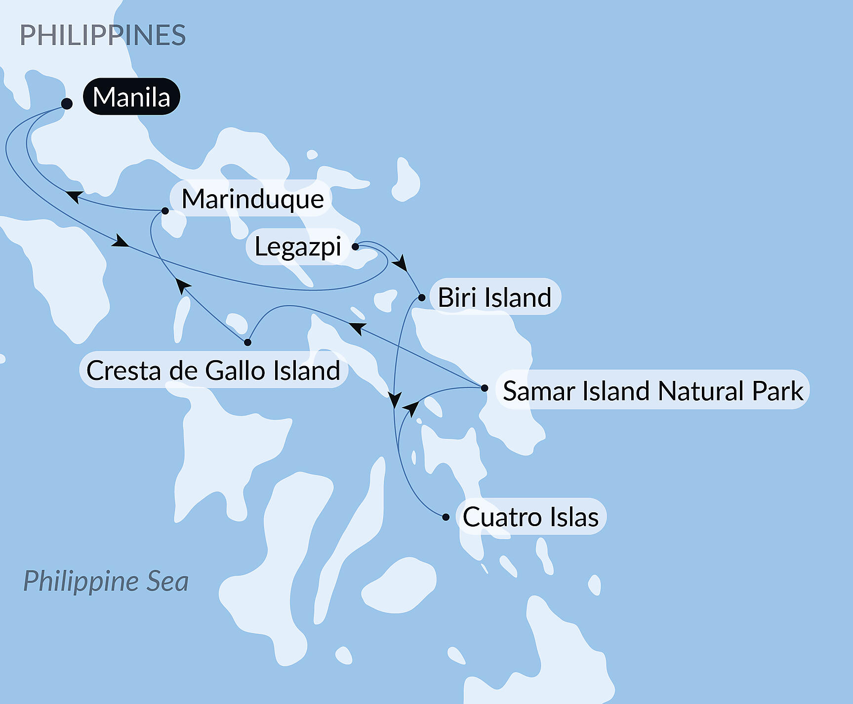 Official PONANT route map for Secrets of the Visayas archipelago aboard Le Soléal, Voyage SO110228