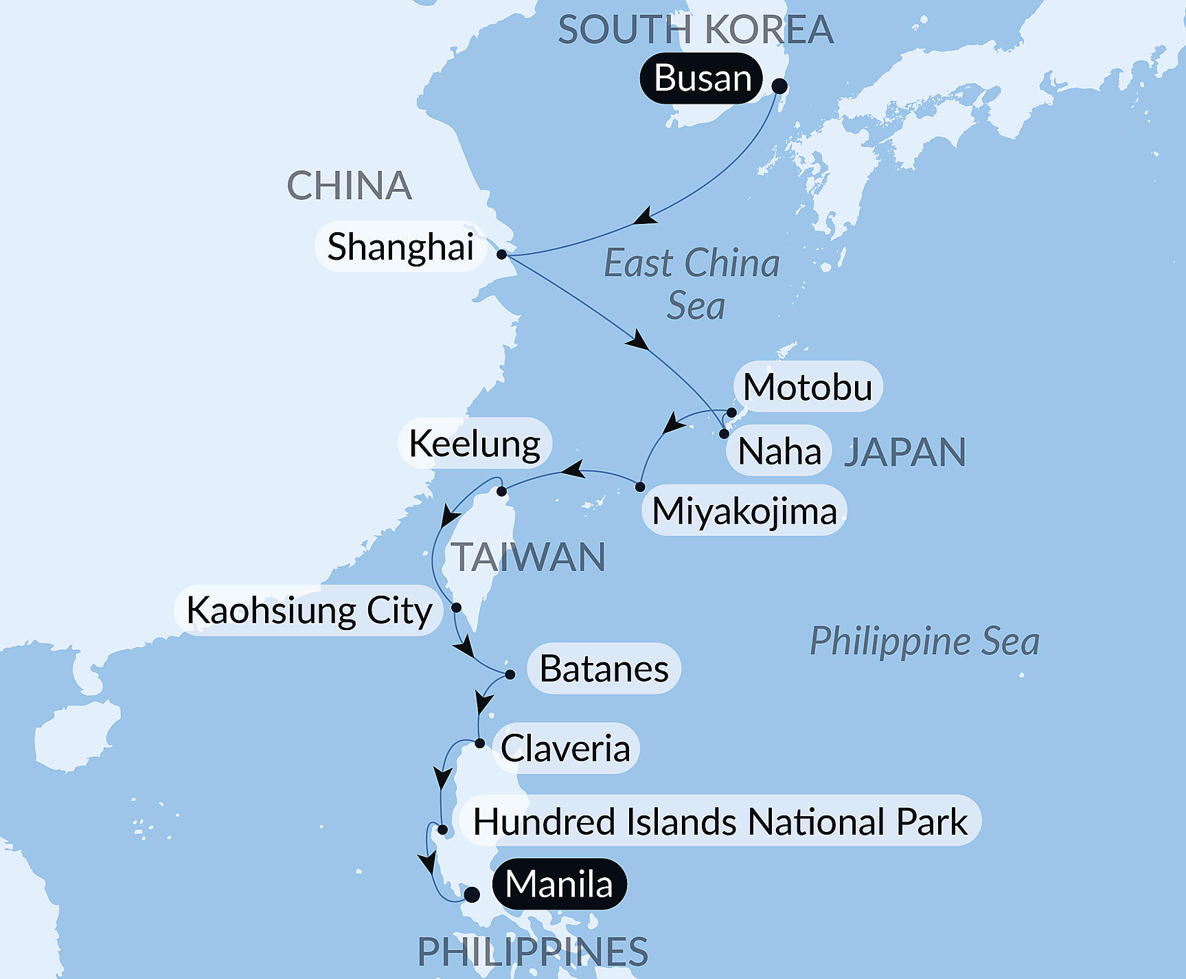 Official PONANT route map for Horizons of East Asia and the Philippines aboard Le Soléal, Voyage SO231027