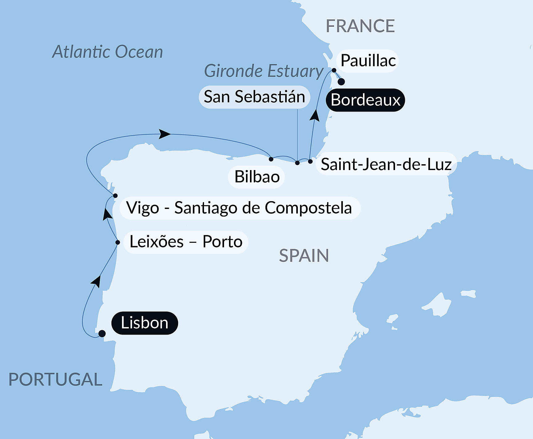 Official PONANT route map for Gastronomy, Vineyards & Grands Crus aboard Le Boréal, Voyage BO130528