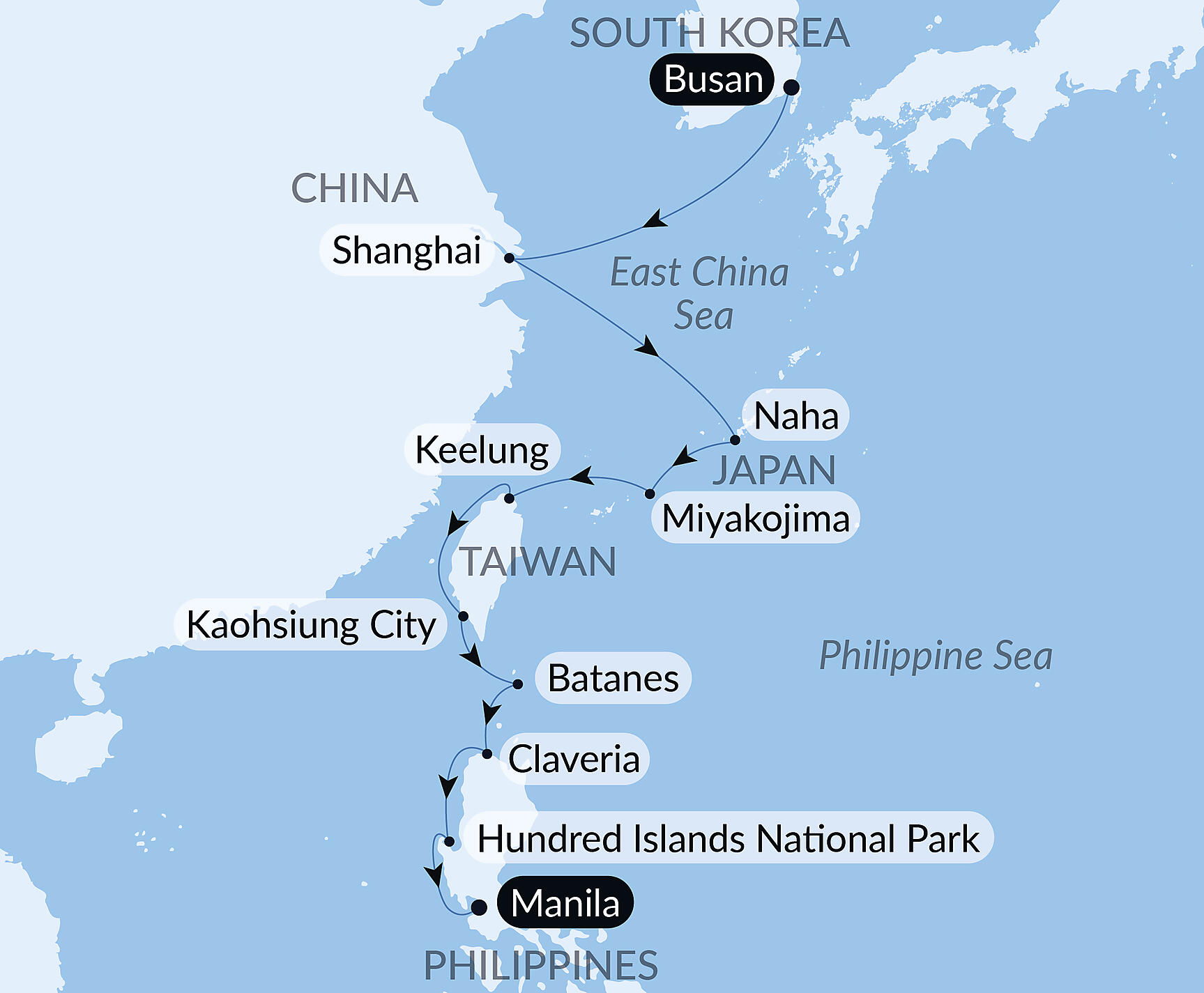 Official PONANT route map for Horizons of East Asia and the Philippines aboard Le Soléal, Voyage SO200528