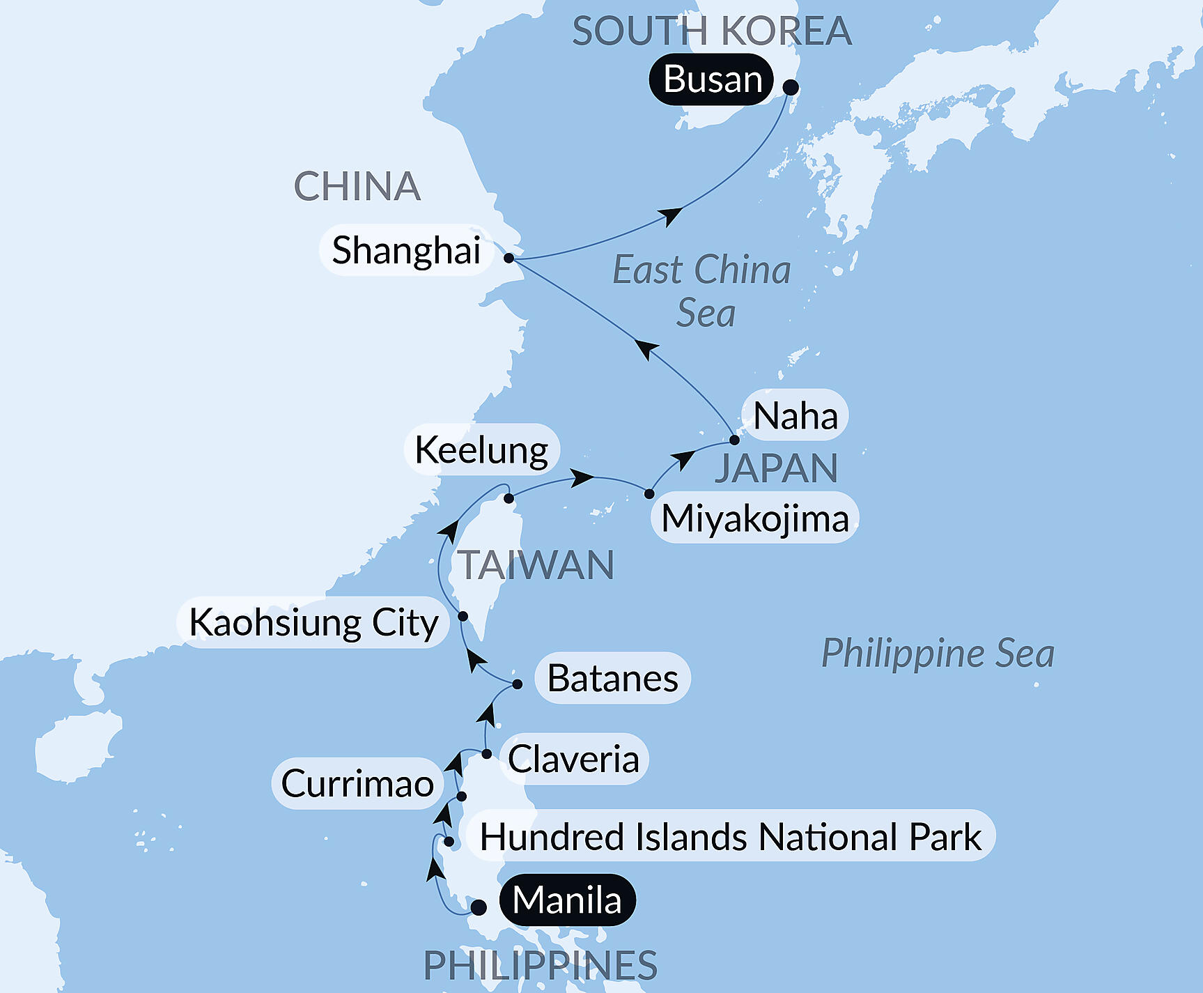 Official PONANT route map for Horizons of East Asia and the Philippines aboard Le Soléal, Voyage SO180928