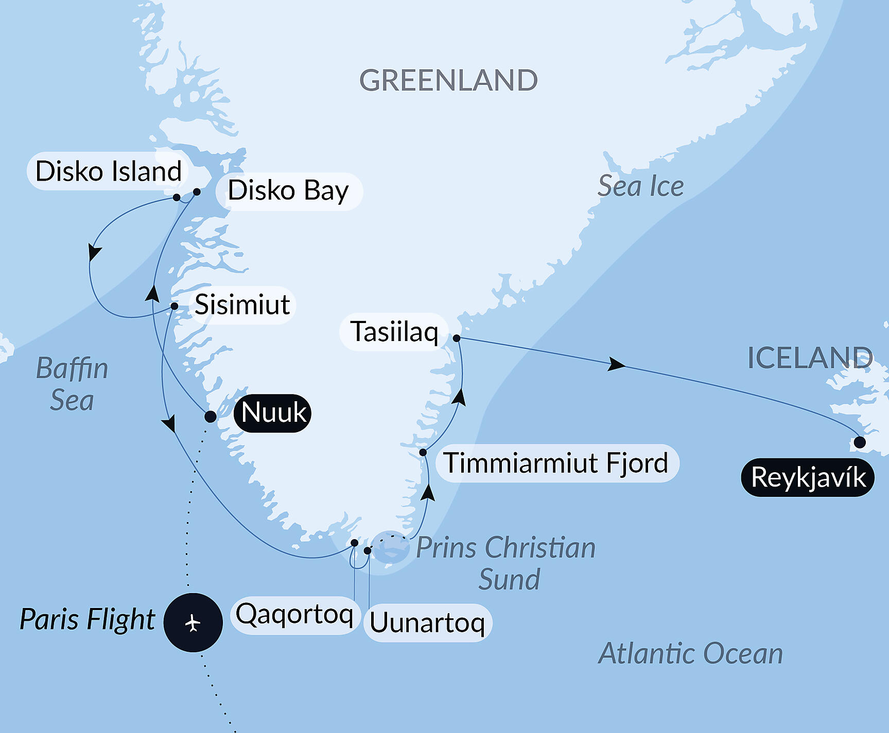 Official PONANT route map for Disko Bay: Meeting the Inuit & Discovering the Unknown aboard Le Commandant Charcot, Voyage CC220528