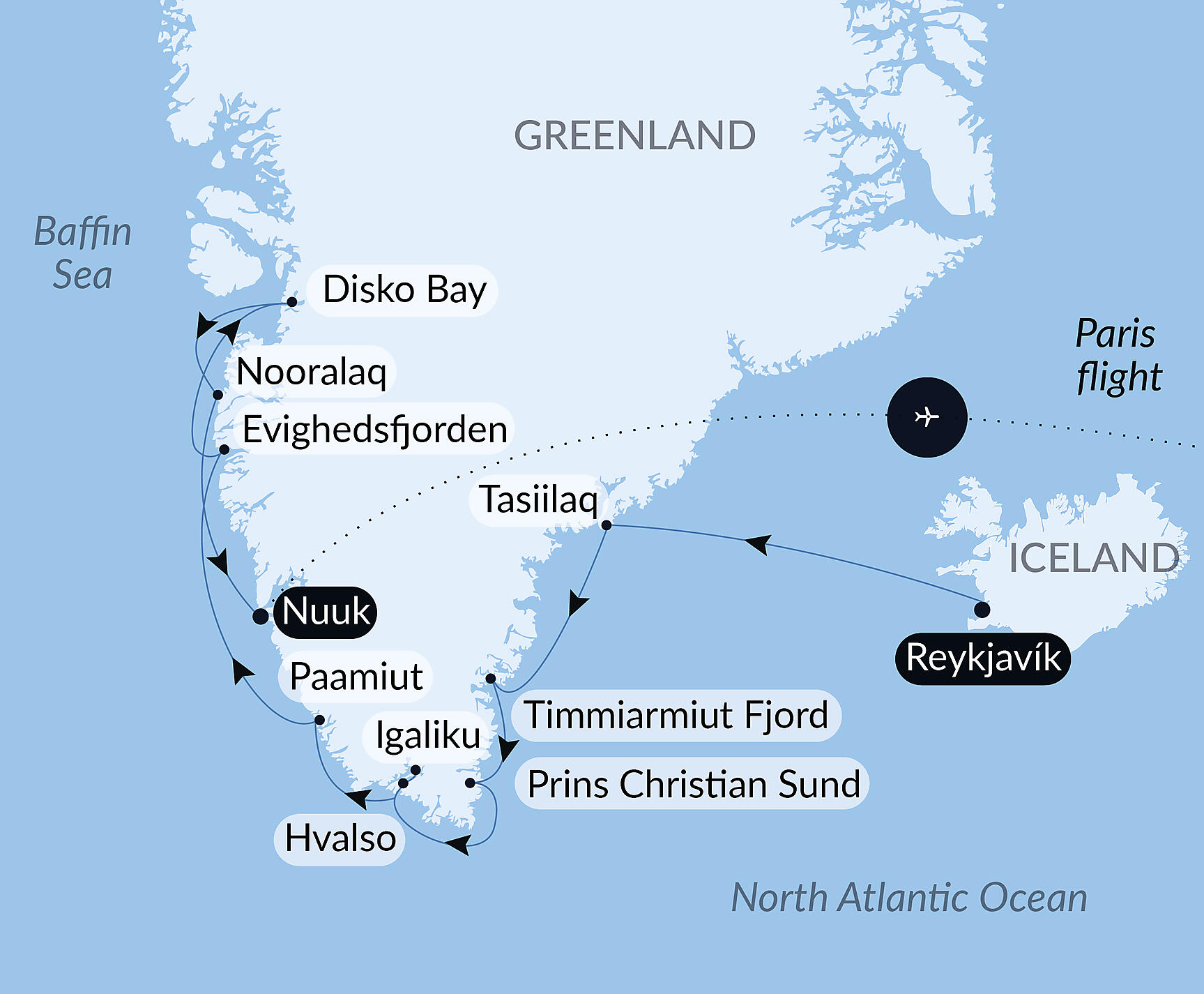 Official PONANT route map for Expedition to the edge of the Ice Sheet aboard Le Boréal, Voyage BO280728