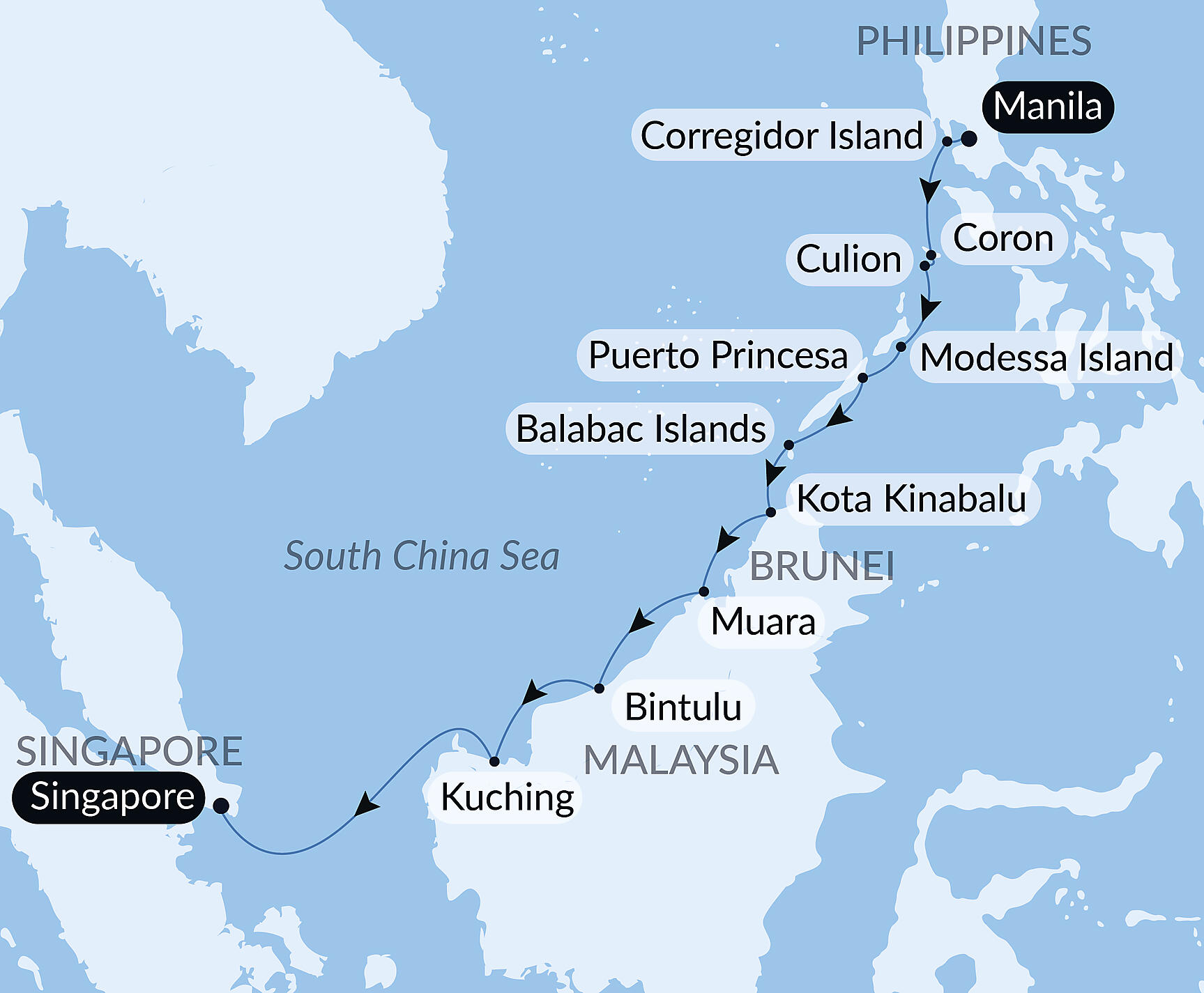 Official PONANT route map for The Hidden Treasures of the Philippines and Borneo aboard Le Jacques Cartier, Voyage EX280428
