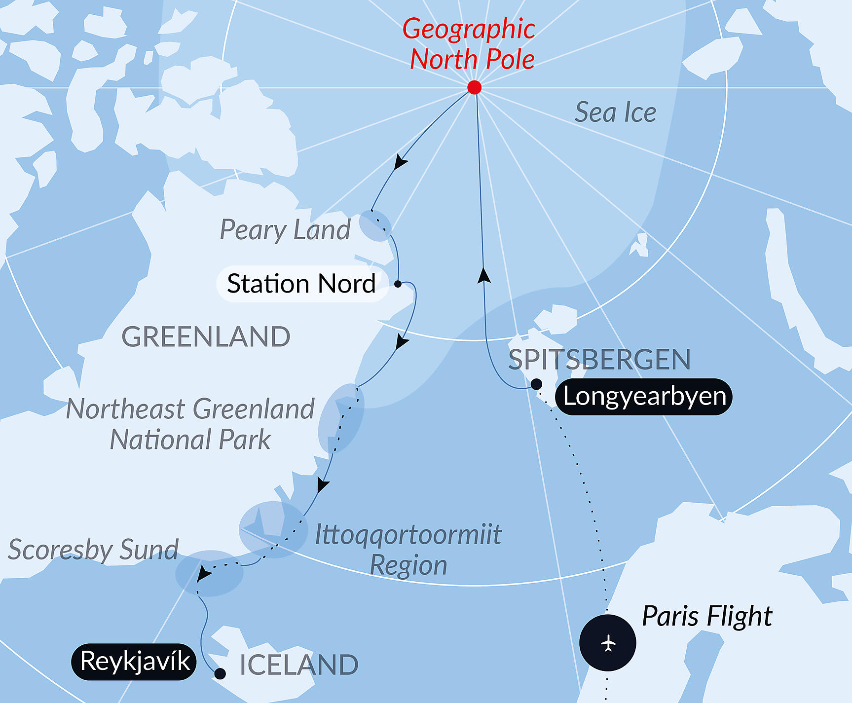Official PONANT route map for The Geographic North Pole and exploration of northern Greenland aboard Le Commandant Charcot, Voyage CC220928
