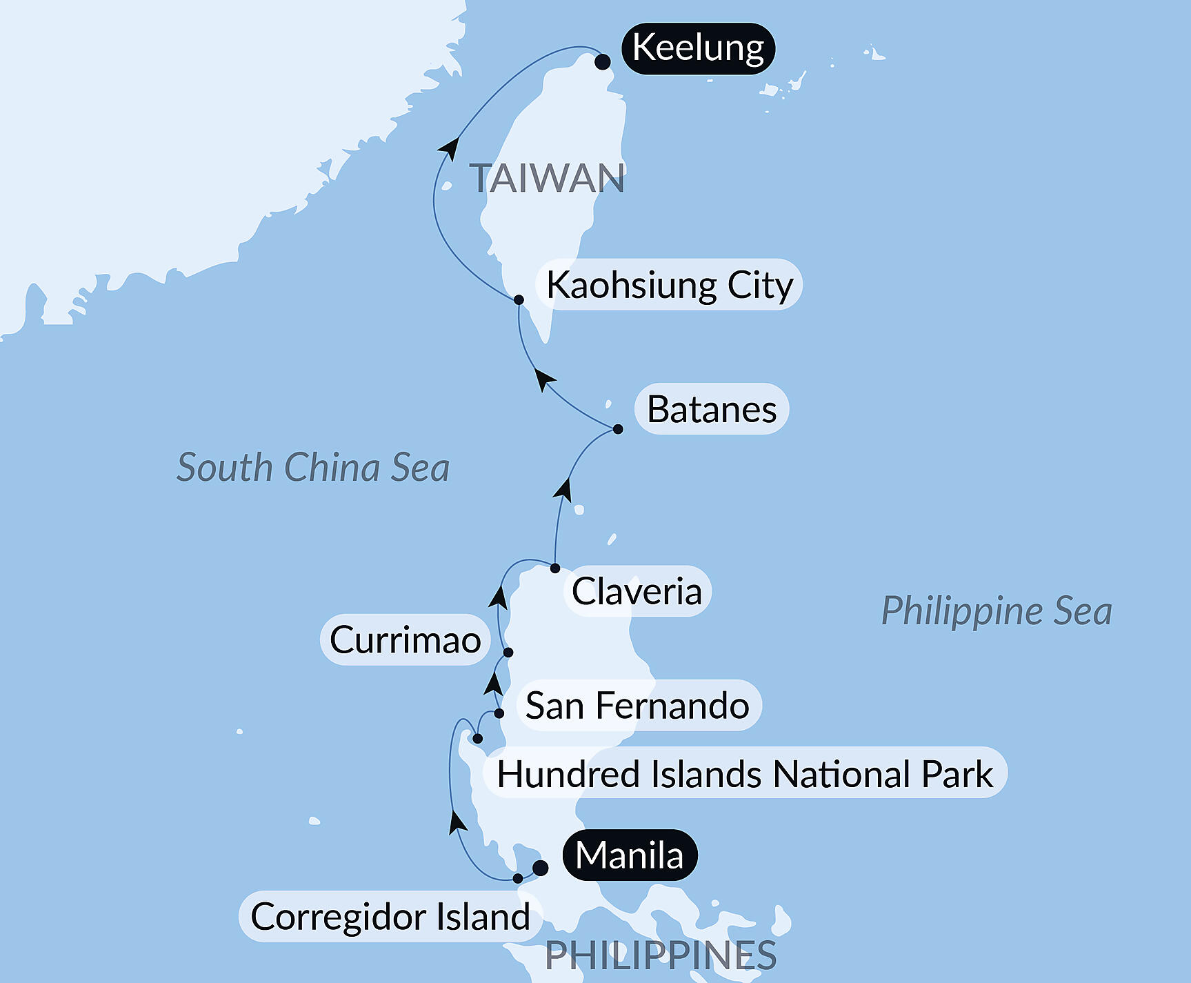Official PONANT route map for Nature and heritage from the Philippines to Taiwan aboard Le Soléal, Voyage SO110927