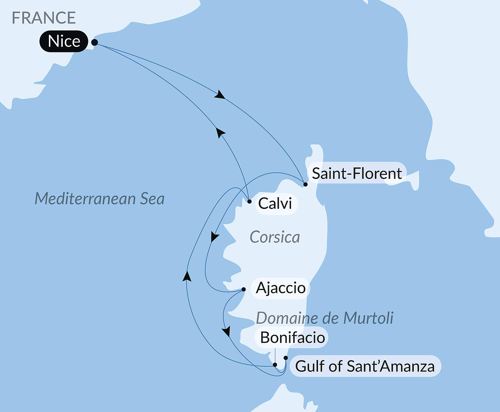 Official PONANT route map for Corsican shores, under Sail Aboard Le Ponant aboard Le Ponant, Voyage PO050926