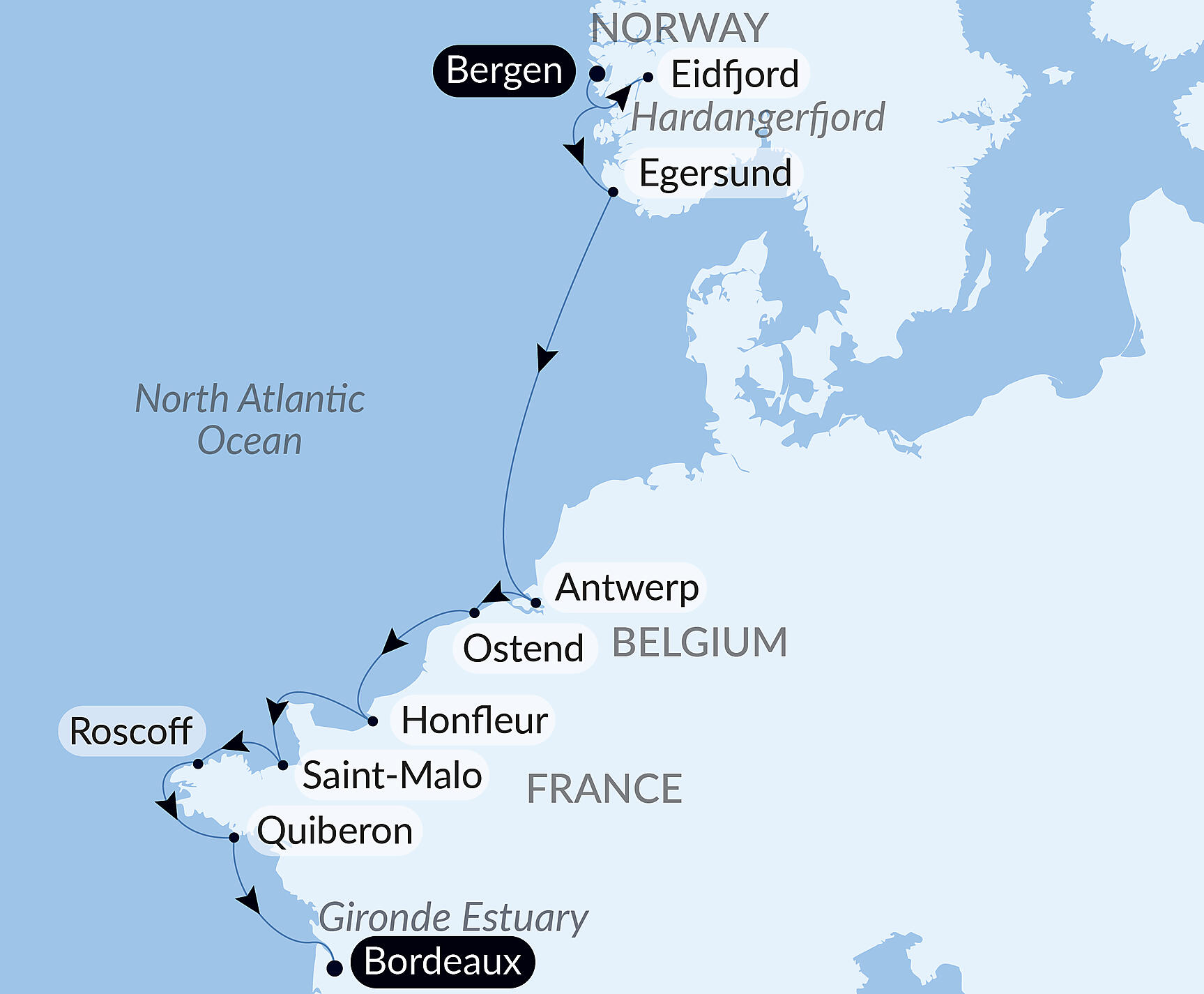 Official PONANT route map for From the Norwegian fjords to the Bay of Biscay aboard Le Champlain, Voyage EC080728