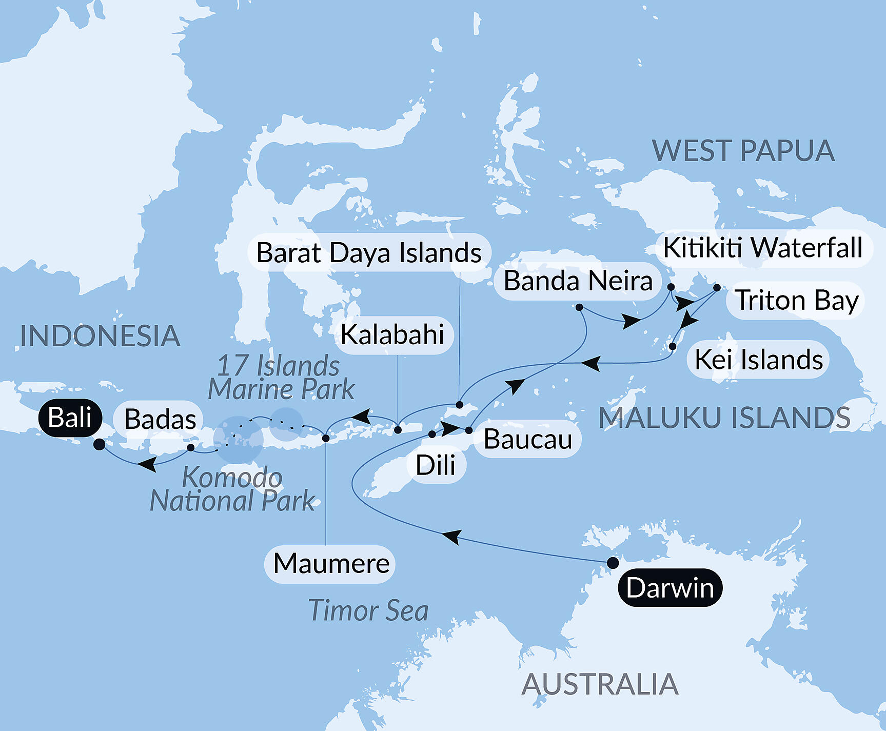 Official PONANT route map for Island Treasures of Indonesia & East Timor aboard Le Soléal, Voyage SO091126