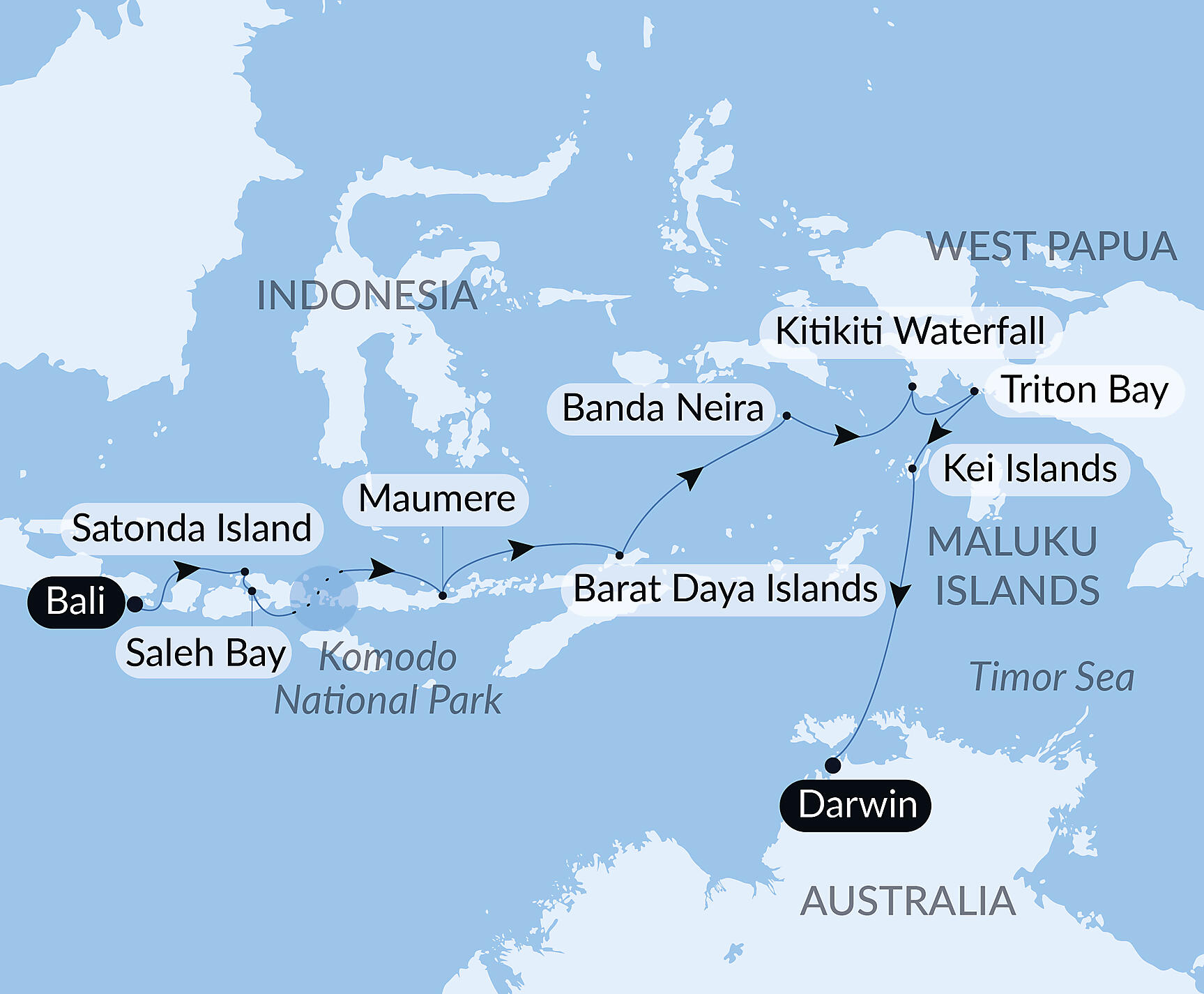 Official PONANT route map for Voyage to Indonesia: Dragons, Reefs, and the Spice Islands – with Smithsonian Journeys aboard Le Jacques Cartier, Voyage EX270528