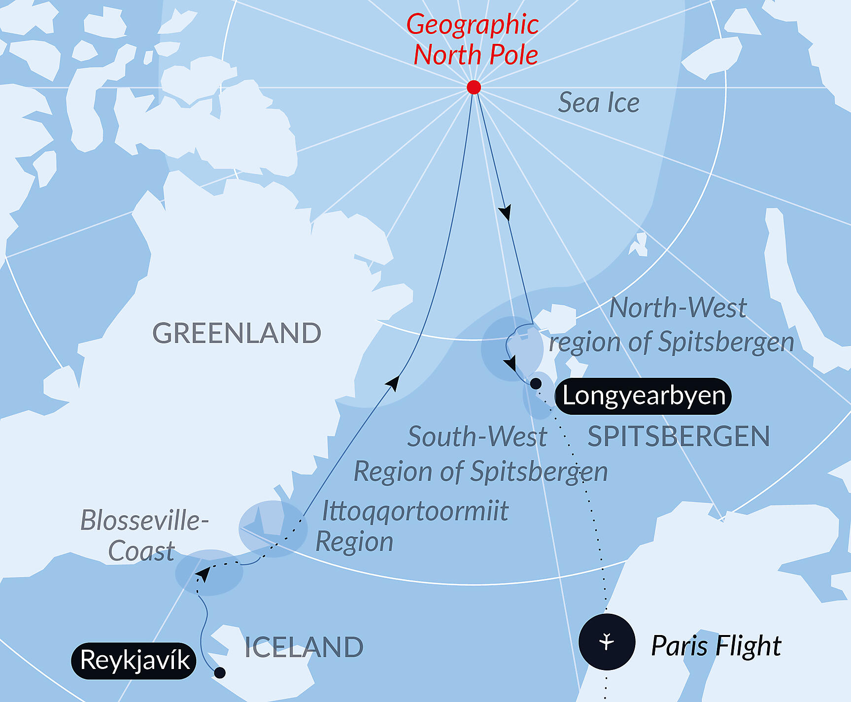 Official PONANT route map for The Geographic North Pole and the east coast of Greenland aboard Le Commandant Charcot, Voyage CC260628