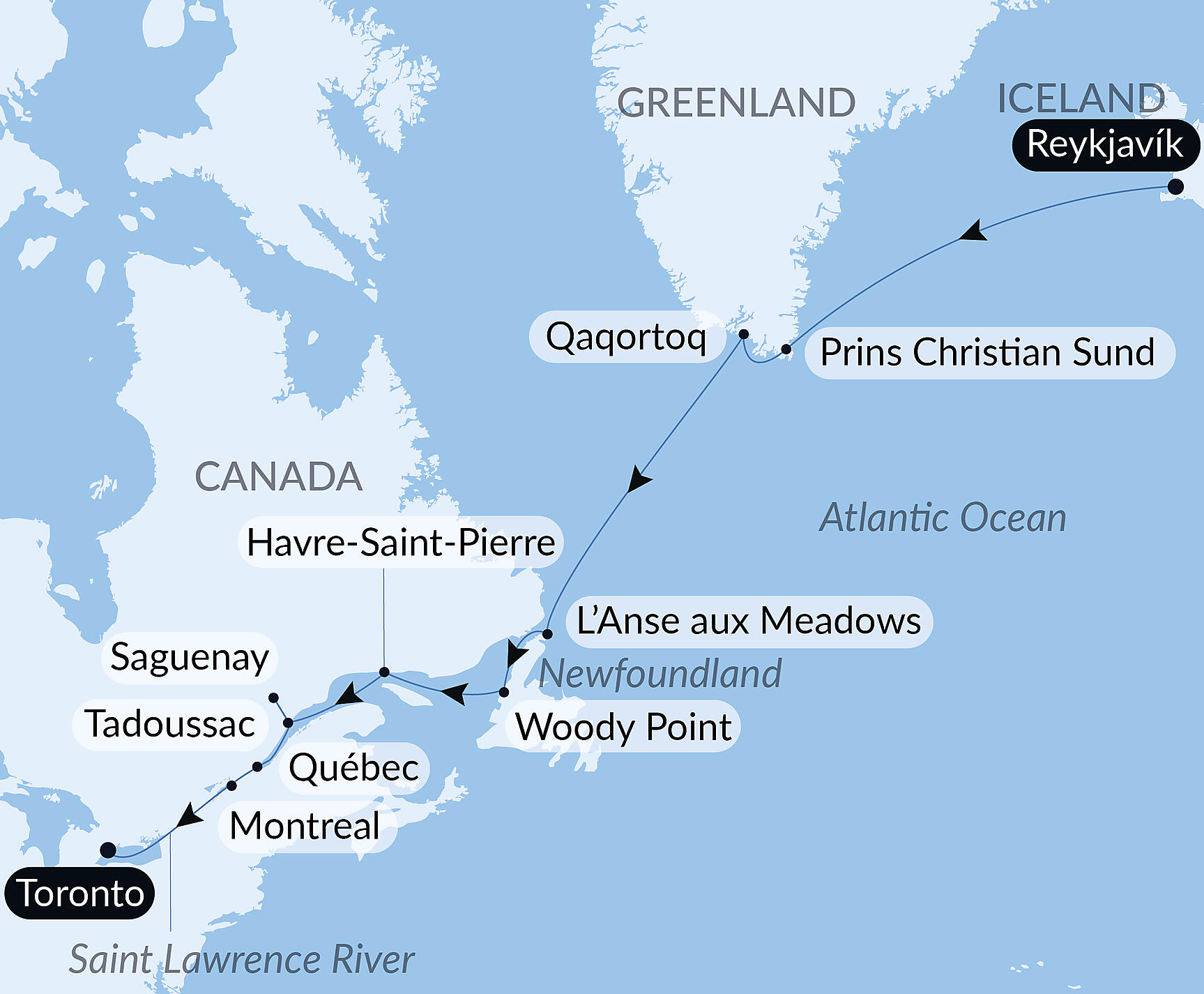 Official PONANT route map for In the Wake of the Vikings, from Iceland to Canada aboard Le Bellot, Voyage EE030828