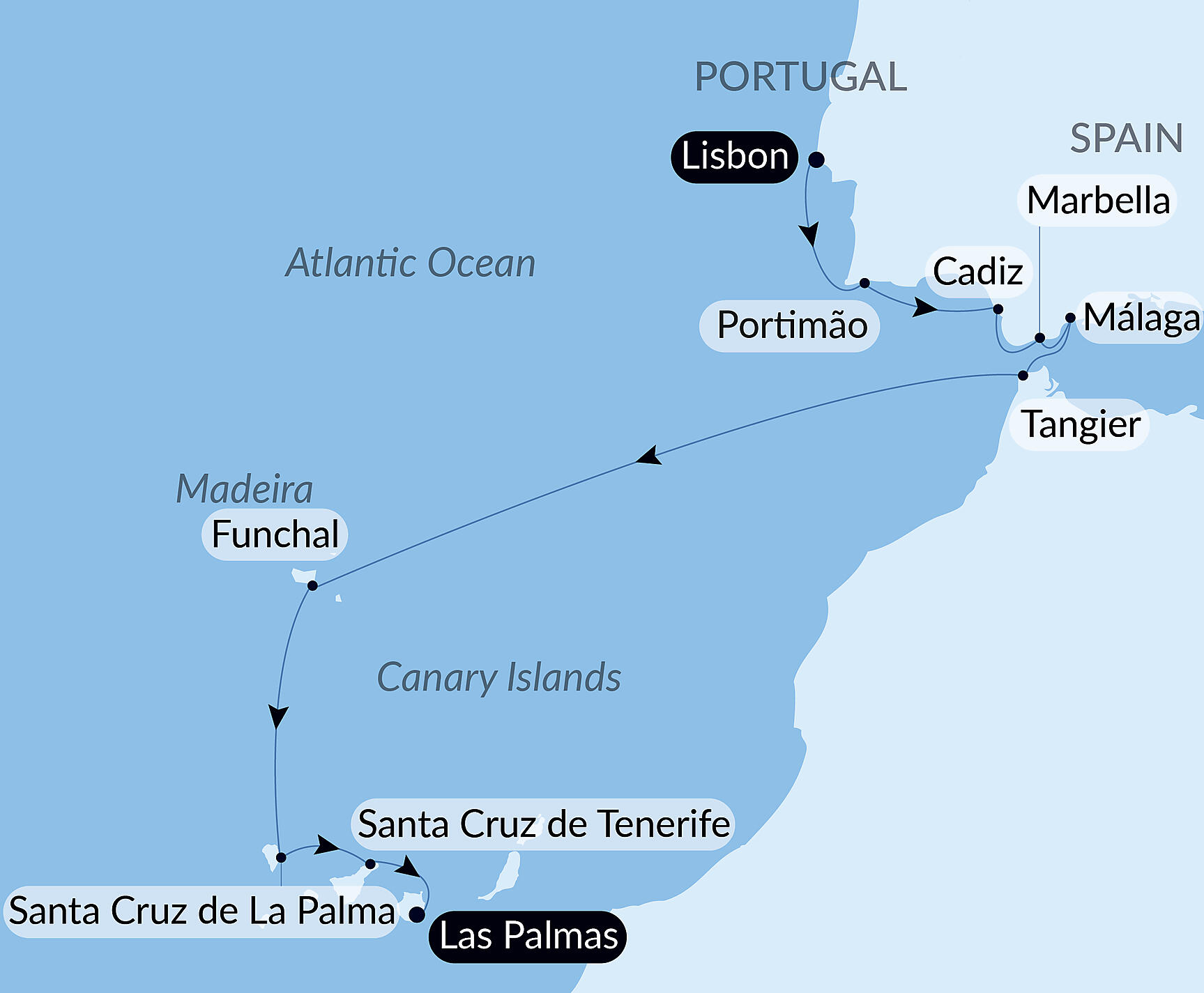 Official PONANT route map for Lisbon to the Canary Islands by Sea: Spain, Morocco, & Atlantic Isles – with Smithsonian Journeys aboard Le Lapérouse, Voyage ER301028