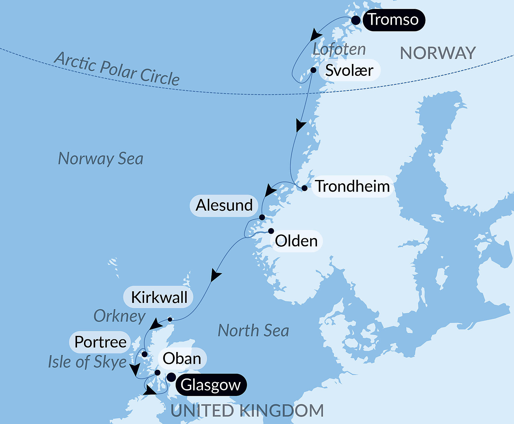 Official PONANT route map for From the Arctic Circle to the Scottish Isles aboard Le Lapérouse, Voyage ER020428