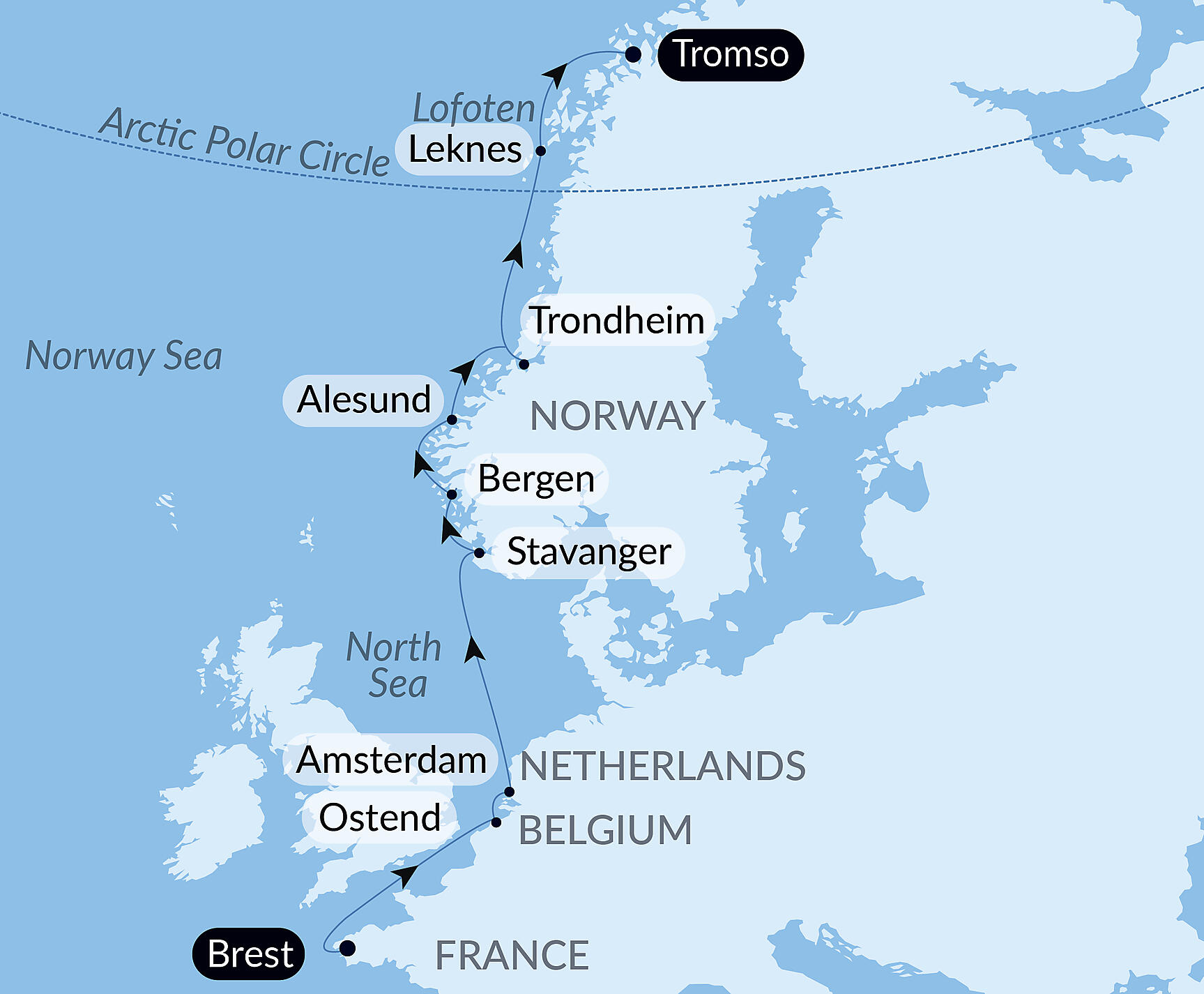 Official PONANT route map for Nordic Sea Treasures aboard Le Lapérouse, Voyage ER210228