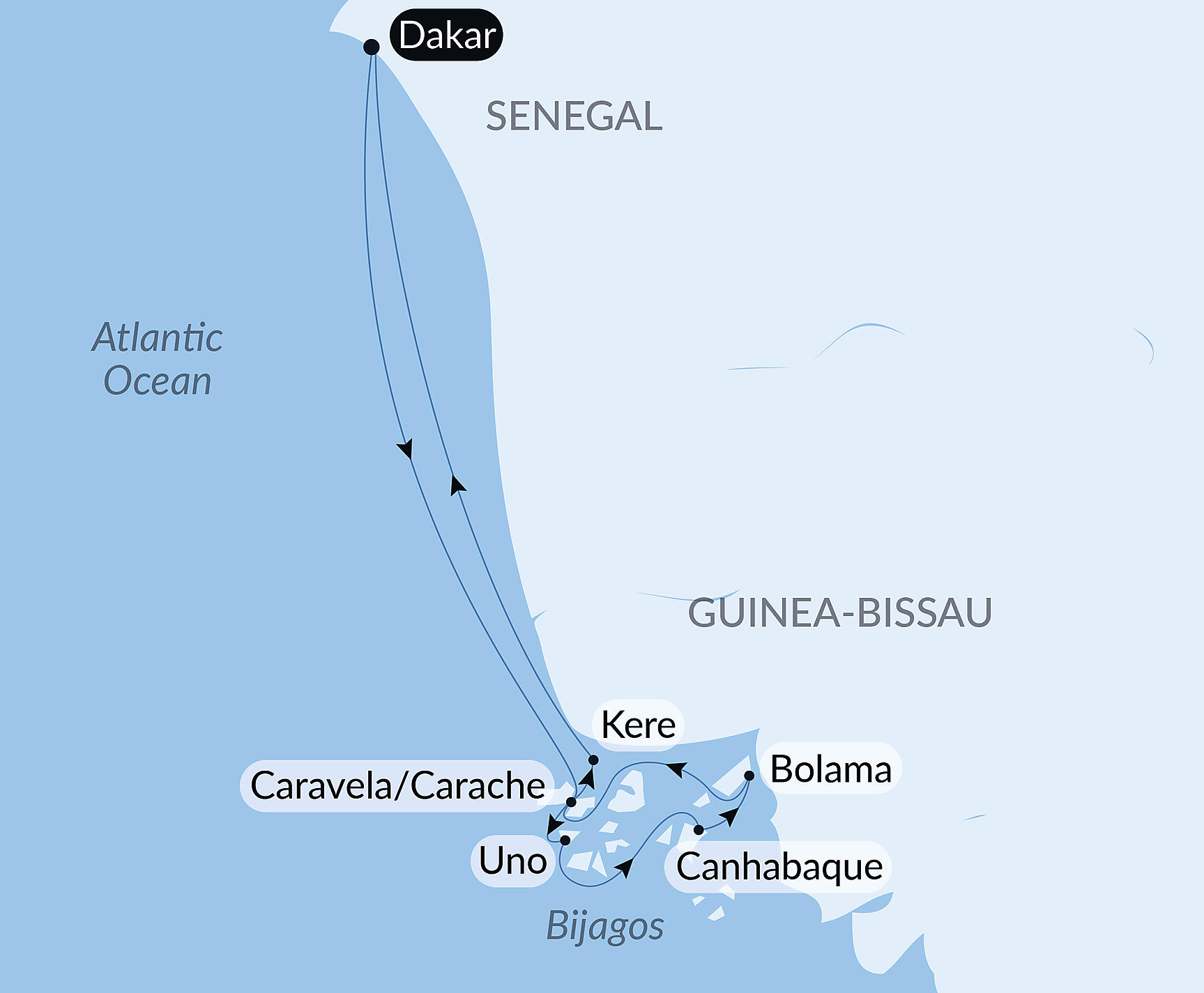 Official PONANT route map for Adventure in the Bissagos Islands aboard Le Champlain, Voyage EC131226