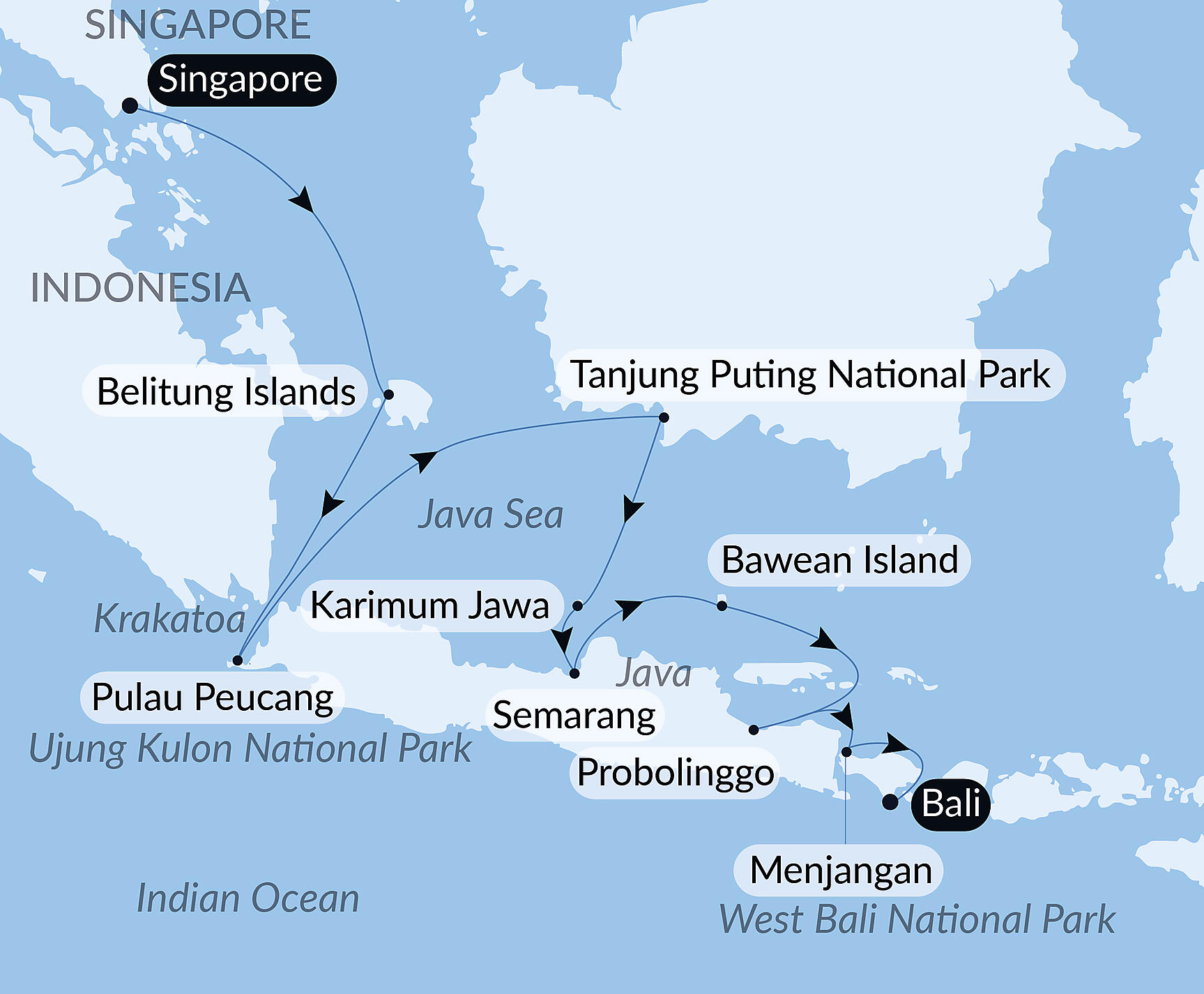 Official PONANT route map for Indonesian Temples & Volcanoes aboard Le Jacques Cartier, Voyage EX150528