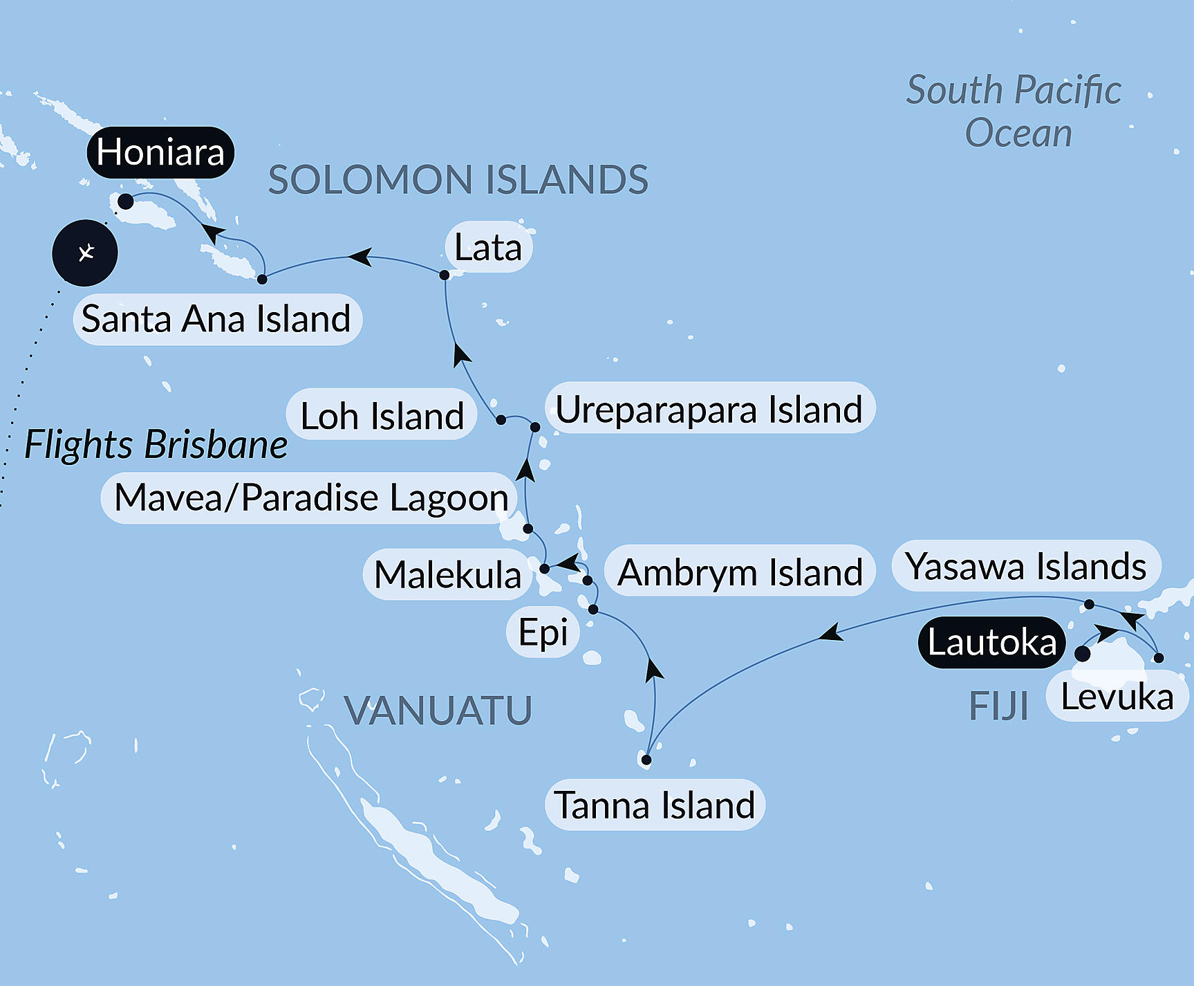 Official PONANT route map for Secret Islands of Melanesia aboard Le Jacques Cartier, Voyage EX210128
