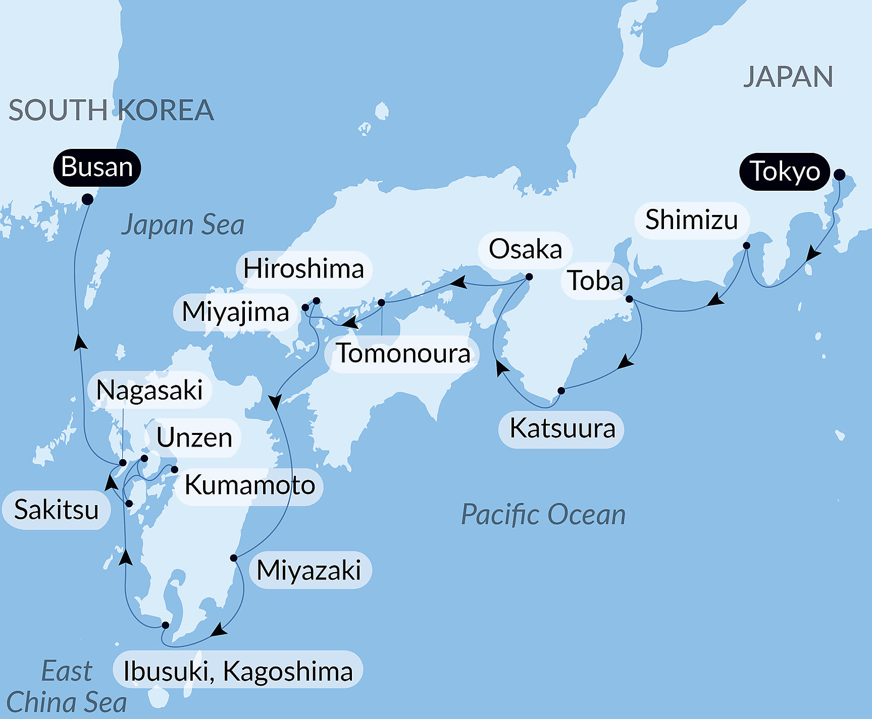 Official PONANT route map for Authentic Japan aboard Le Jacques Cartier, Voyage EX110328