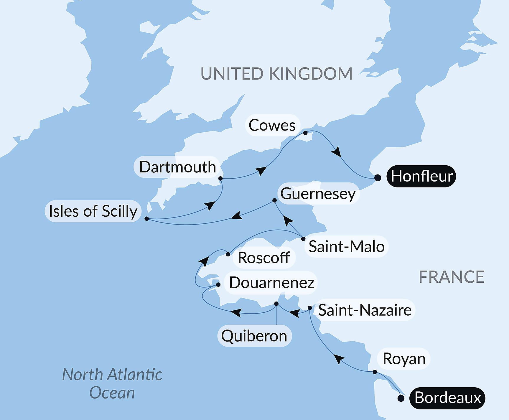 Official PONANT route map for Islands and cities of the North Atlantic aboard Le Boréal, Voyage BO230528