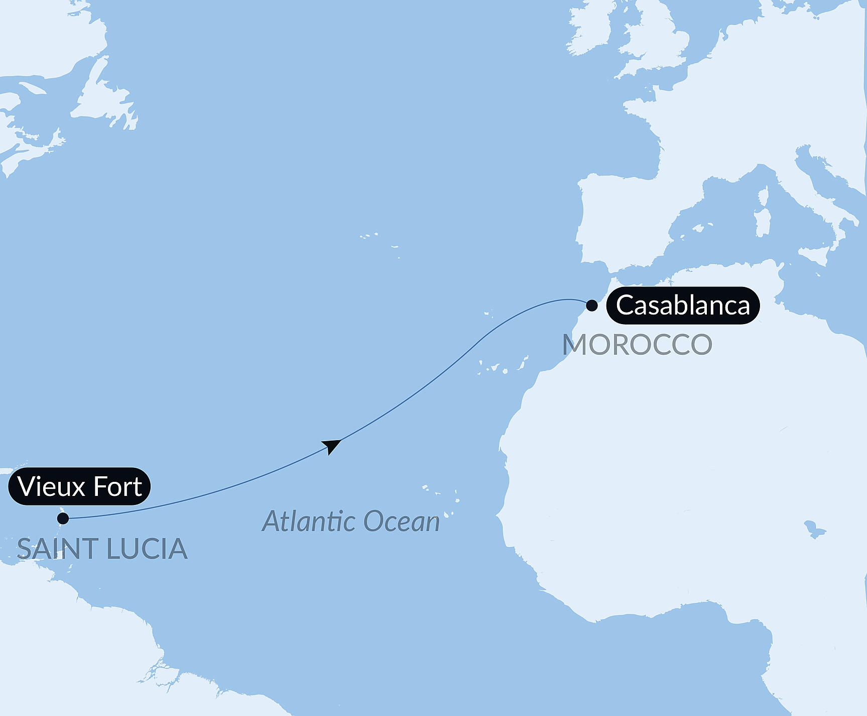 Official PONANT route map for Ocean Voyage: Vieux Fort - Casablanca aboard Le Champlain, Voyage EC220328