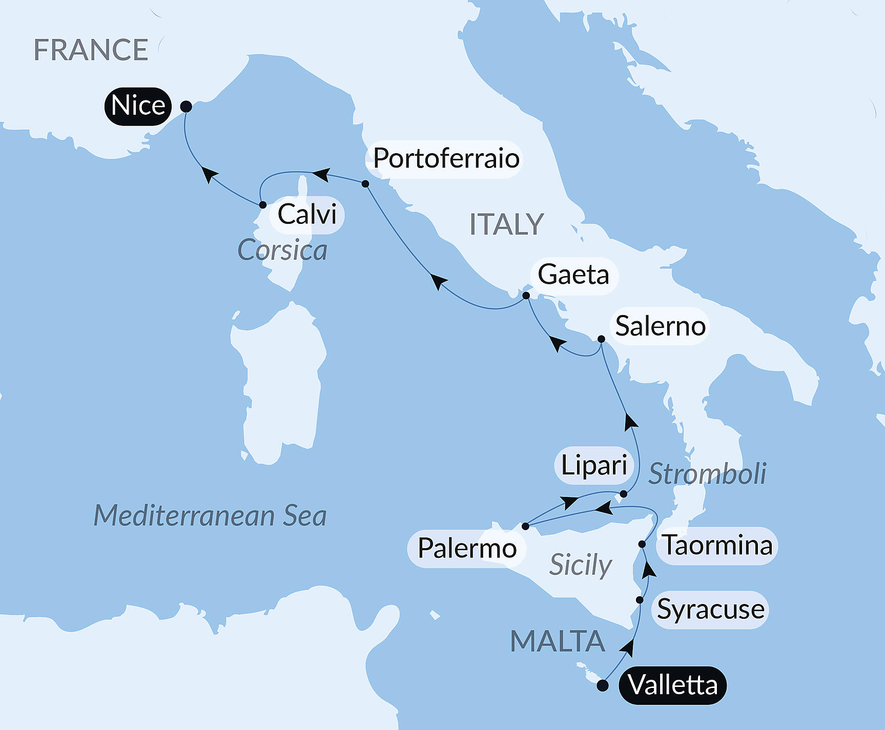 Official PONANT route map for Italian shores and Isle of Beauty aboard Le Boréal, Voyage BO140627