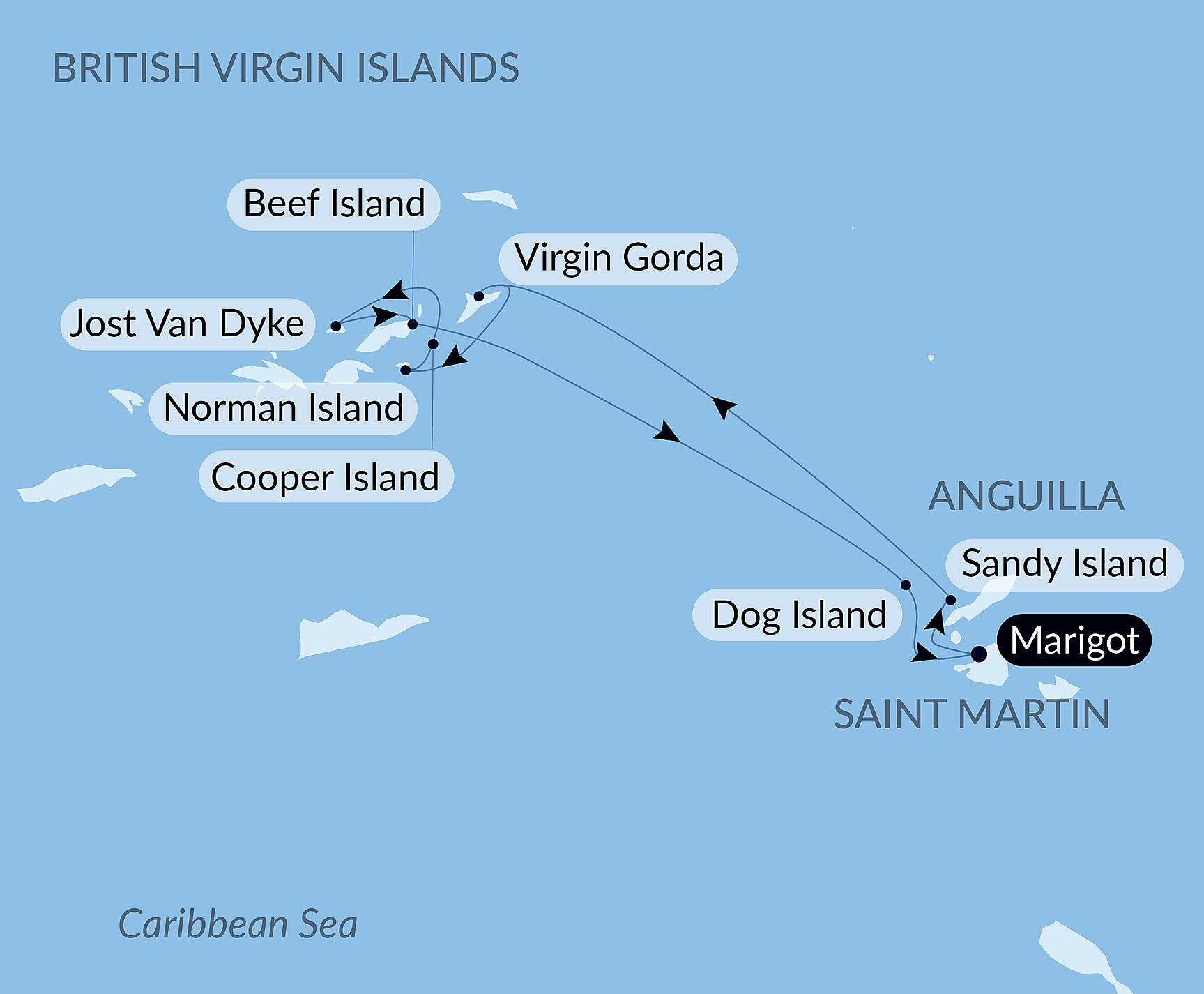 Official PONANT route map for Reverie under sail in the heart of the Lesser Antilles aboard Le Ponant, Voyage PO130227
