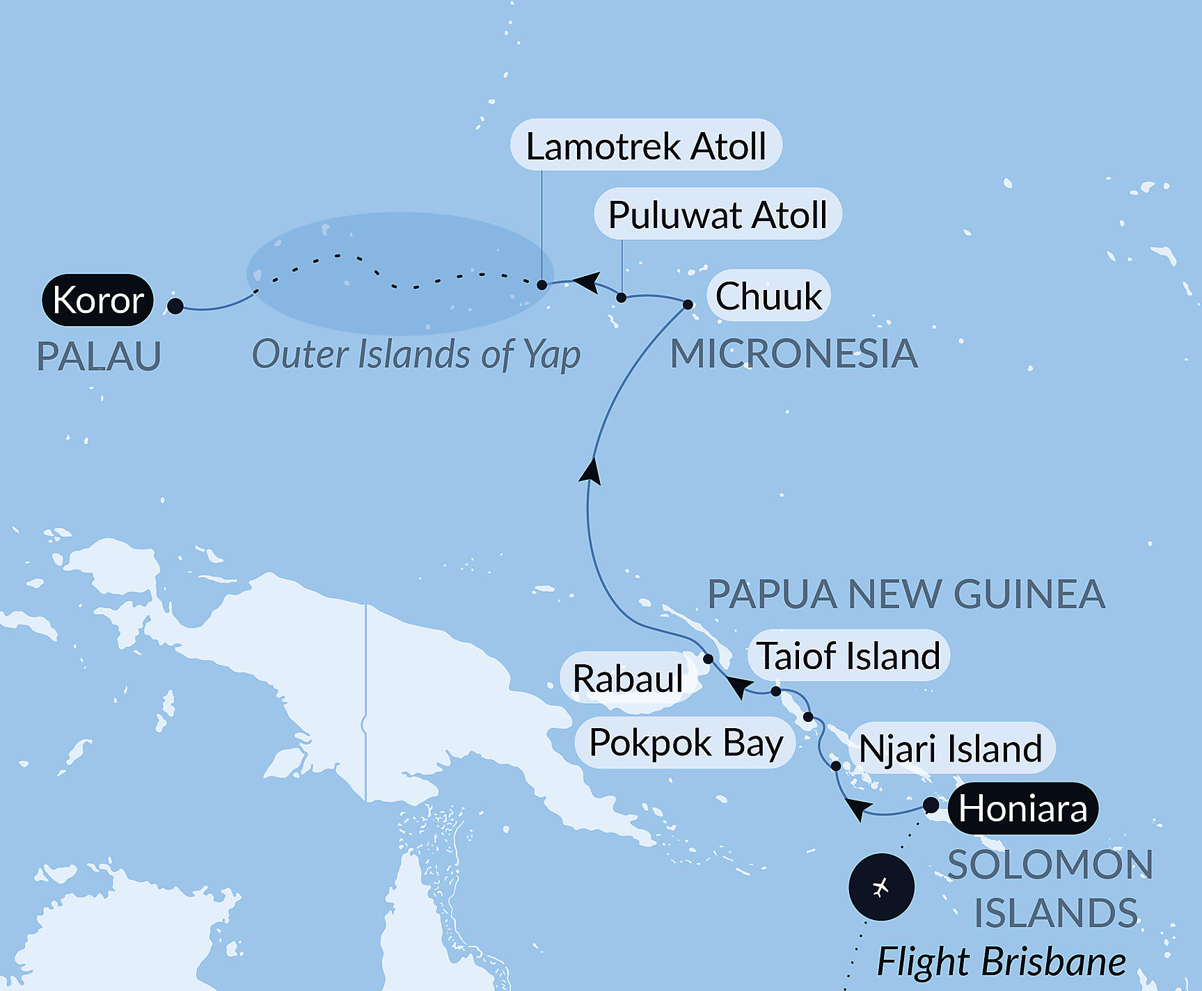Official PONANT route map for Secrets of the Pacific from the Solomon Islands to Palau aboard Le Jacques Cartier, Voyage EX030228