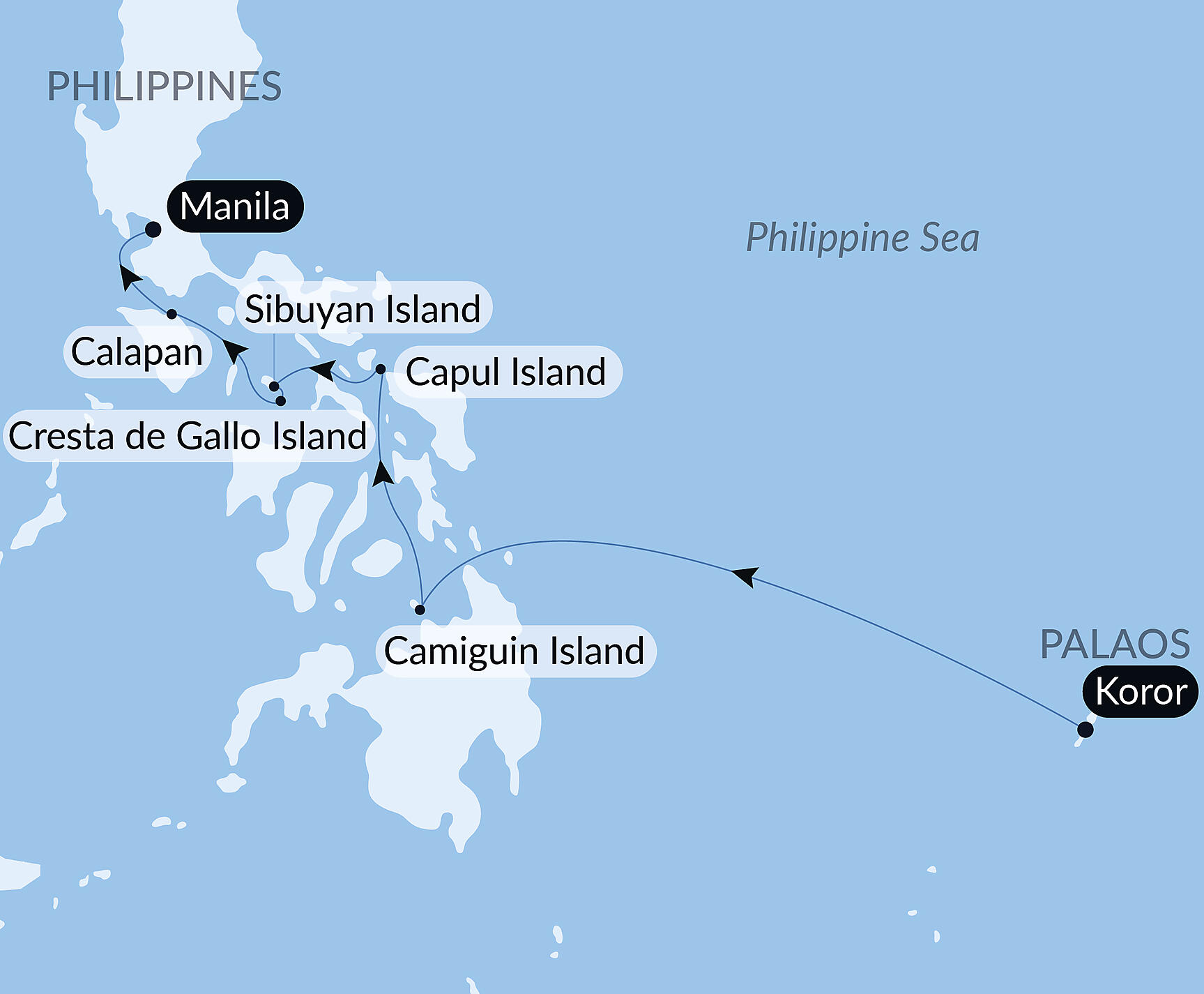 Official PONANT route map for Wild islands and Philippine horizons aboard Le Jacques Cartier, Voyage EX180228