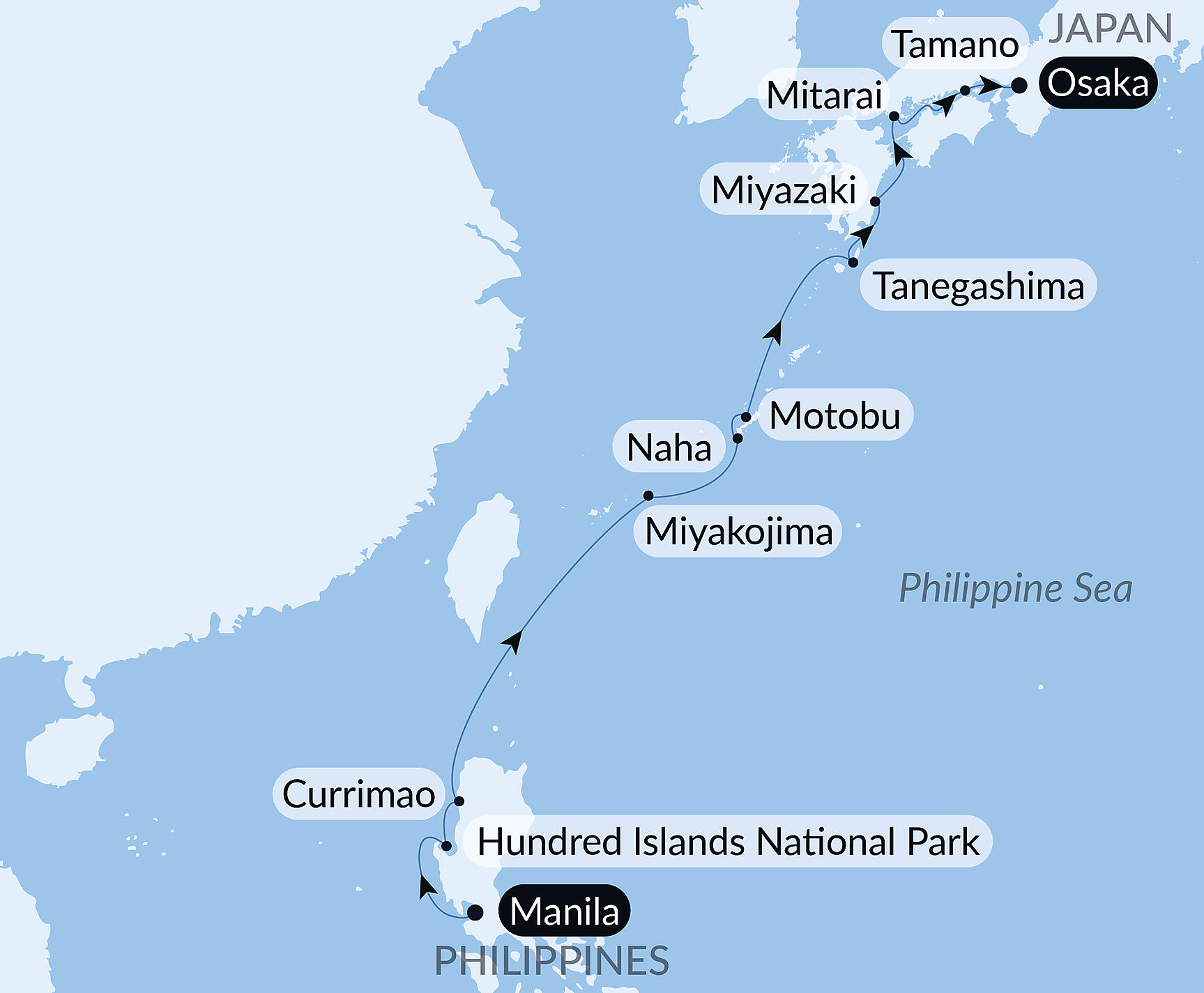 Official PONANT route map for Filipino treasures and Japanese serenity aboard Le Soléal, Voyage SO270228