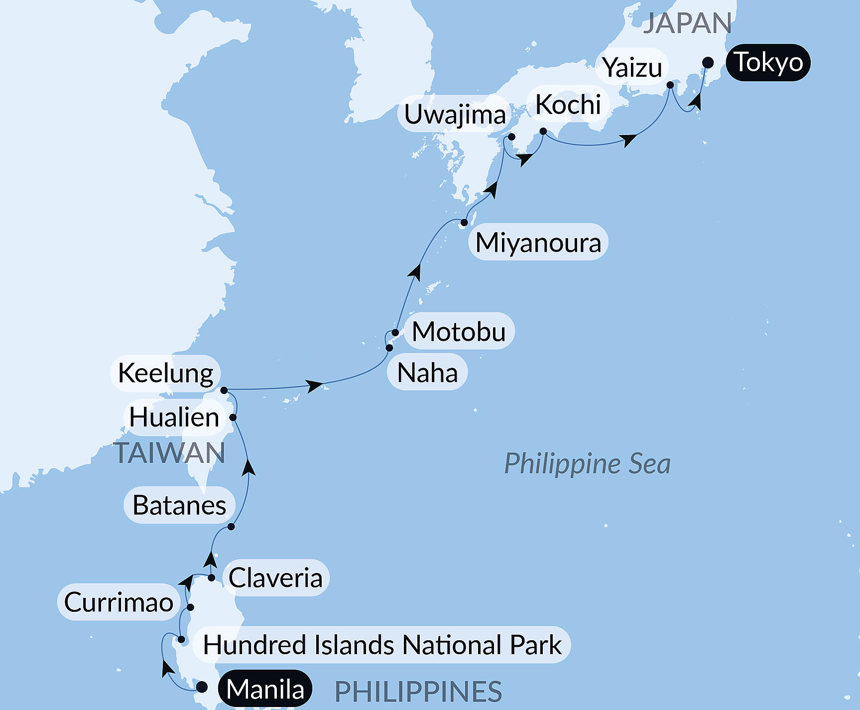 Official PONANT route map for Philippines, Taiwan and Japan aboard Le Jacques Cartier, Voyage EX260228