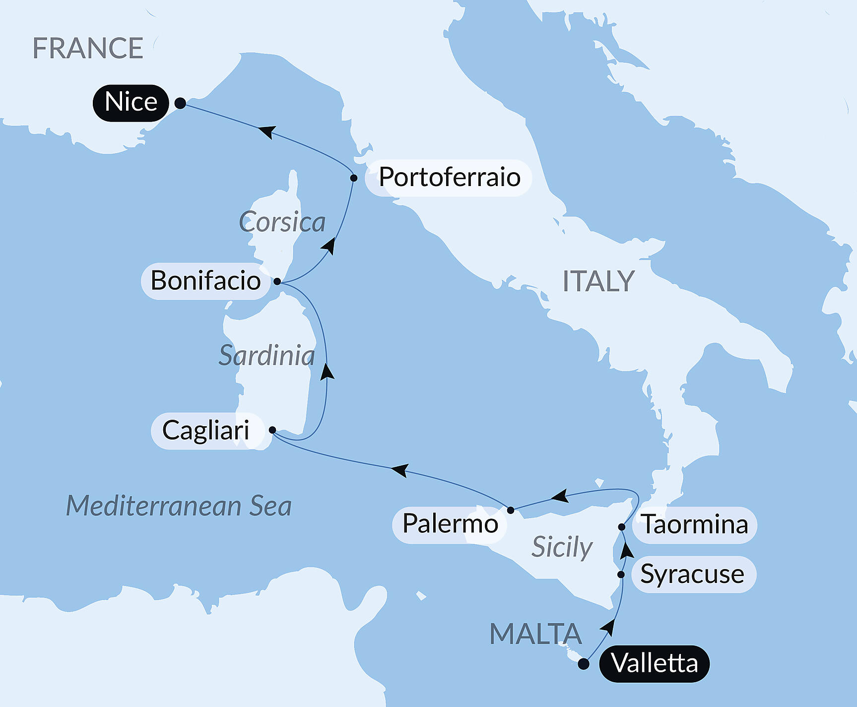 Official PONANT route map for Mediterranean Island Voyage: Sicily, Sardinia, Corsica, and Elba – with Smithsonian Journeys aboard L'Austral, Voyage AU040528