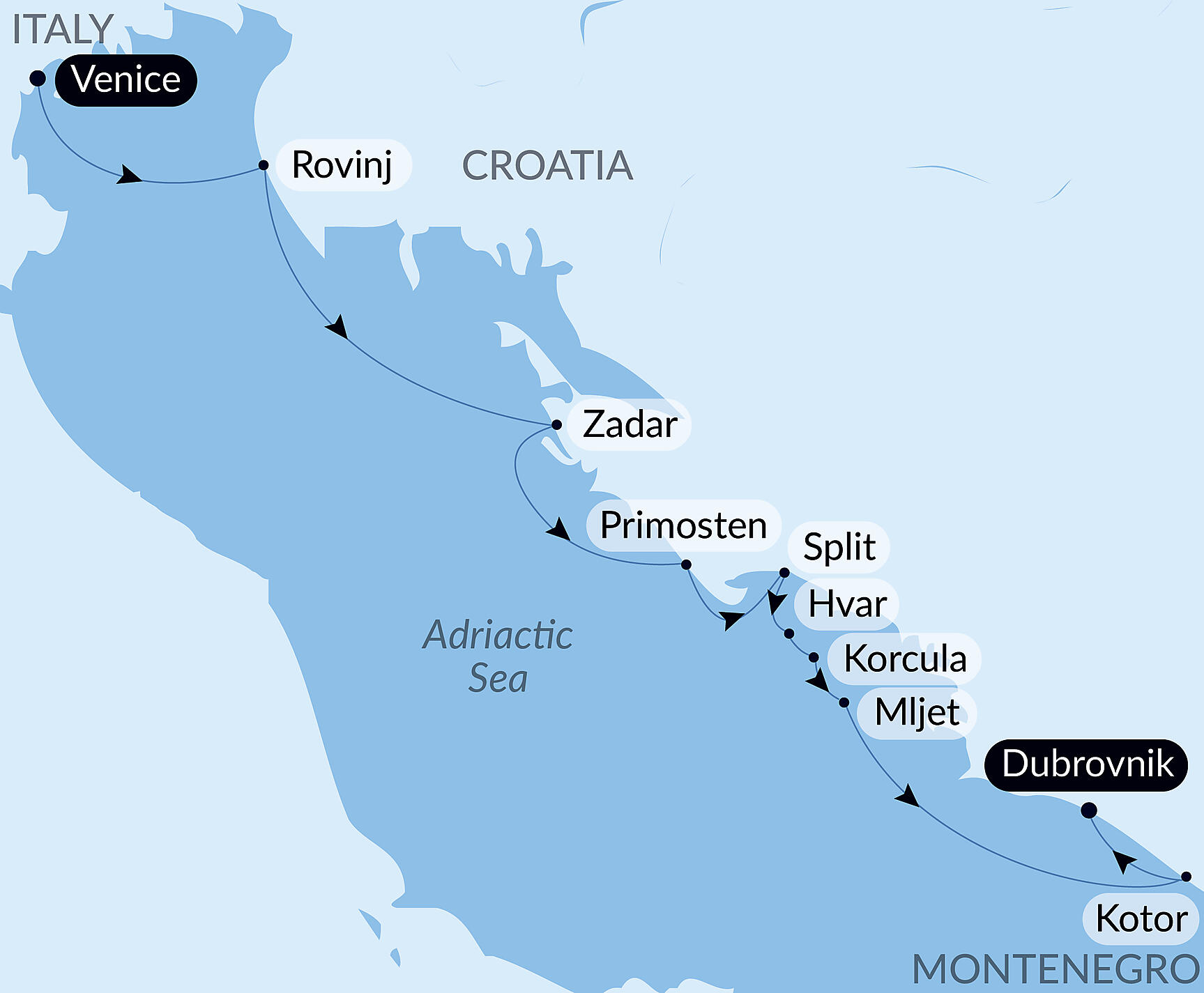 Official PONANT route map for Croatia's Dalmatian Coast by Sea – with Smithsonian Journeys aboard Le Dumont d'Urville, Voyage EU260728
