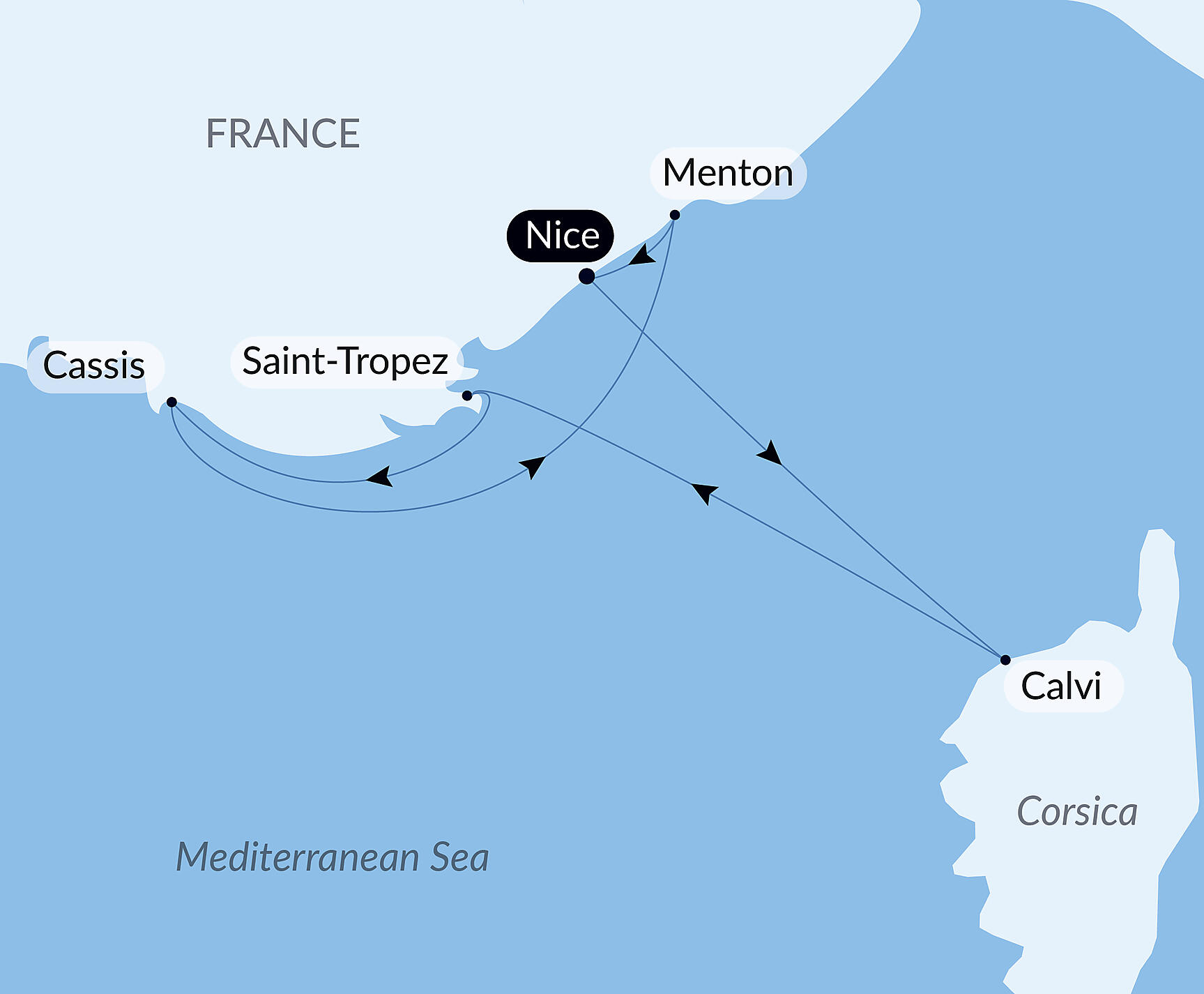 Official PONANT route map for Corsica and the French Riviera aboard Le Bougainville, Voyage EG240828