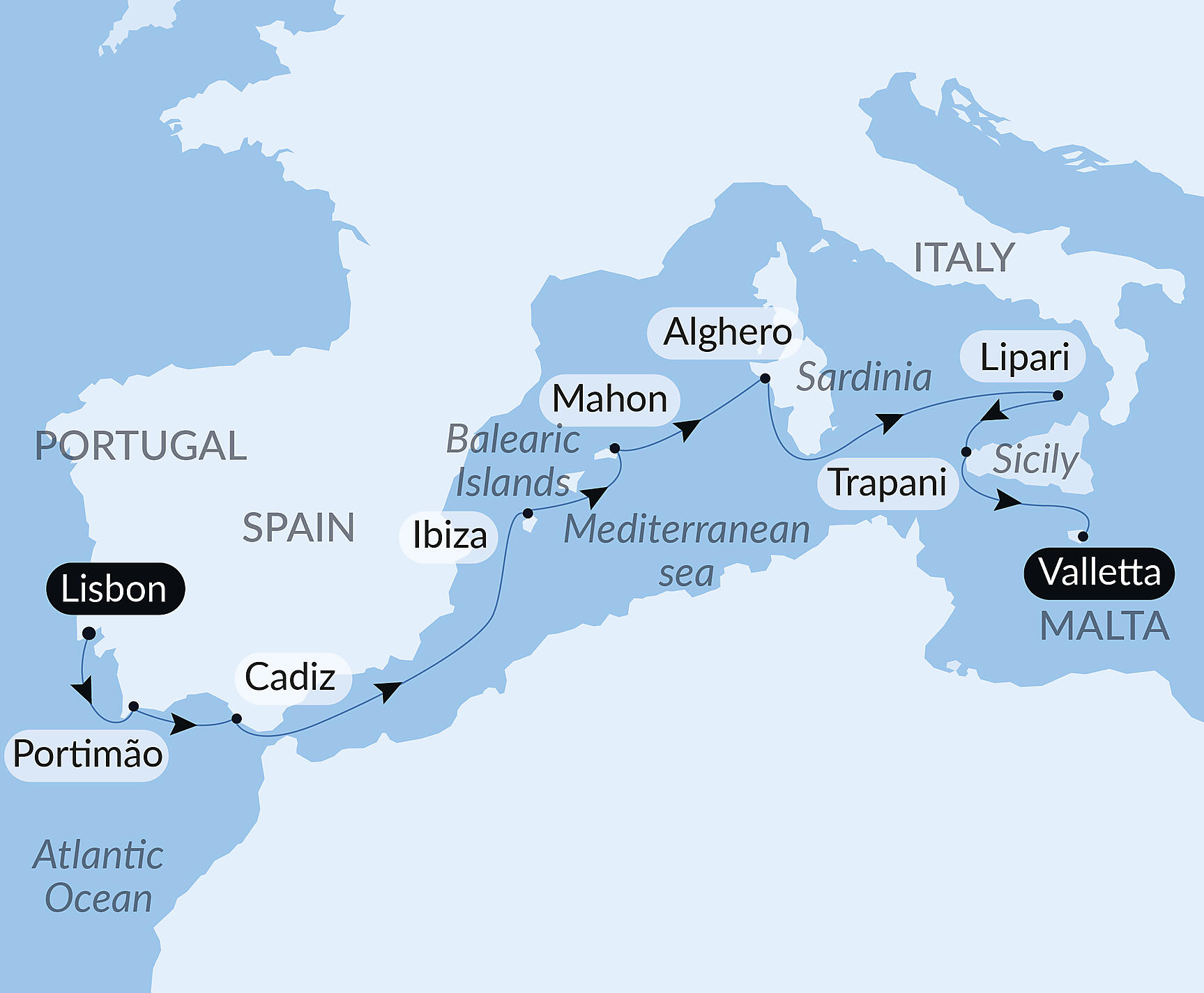Official PONANT route map for Iberian Peninsula and Mediterranean jewels aboard Le Champlain, Voyage EC280728