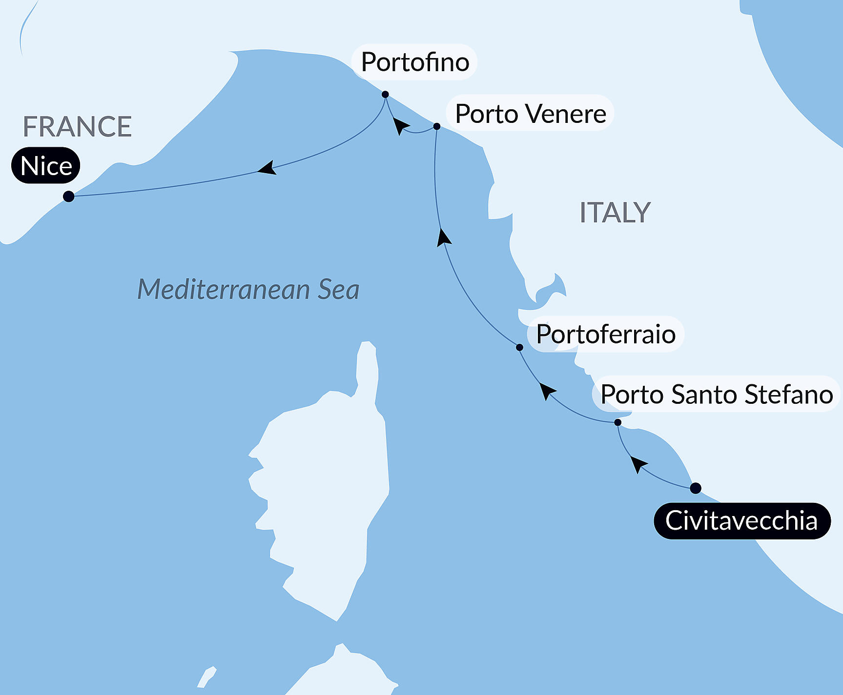 Official PONANT route map for Tuscany, Liguria and the French Riviera aboard Le Bougainville, Voyage EG190828