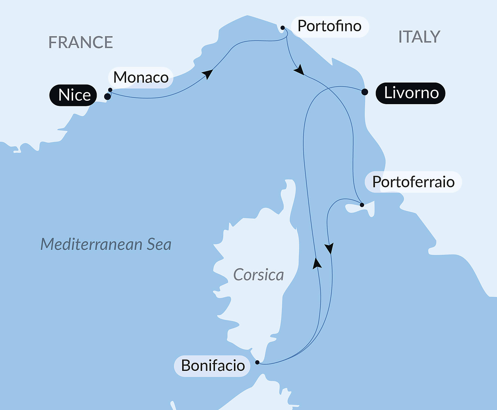 Official PONANT route map for Springtime Along the Mediterranean aboard Le Dumont d'Urville, Voyage EU210528