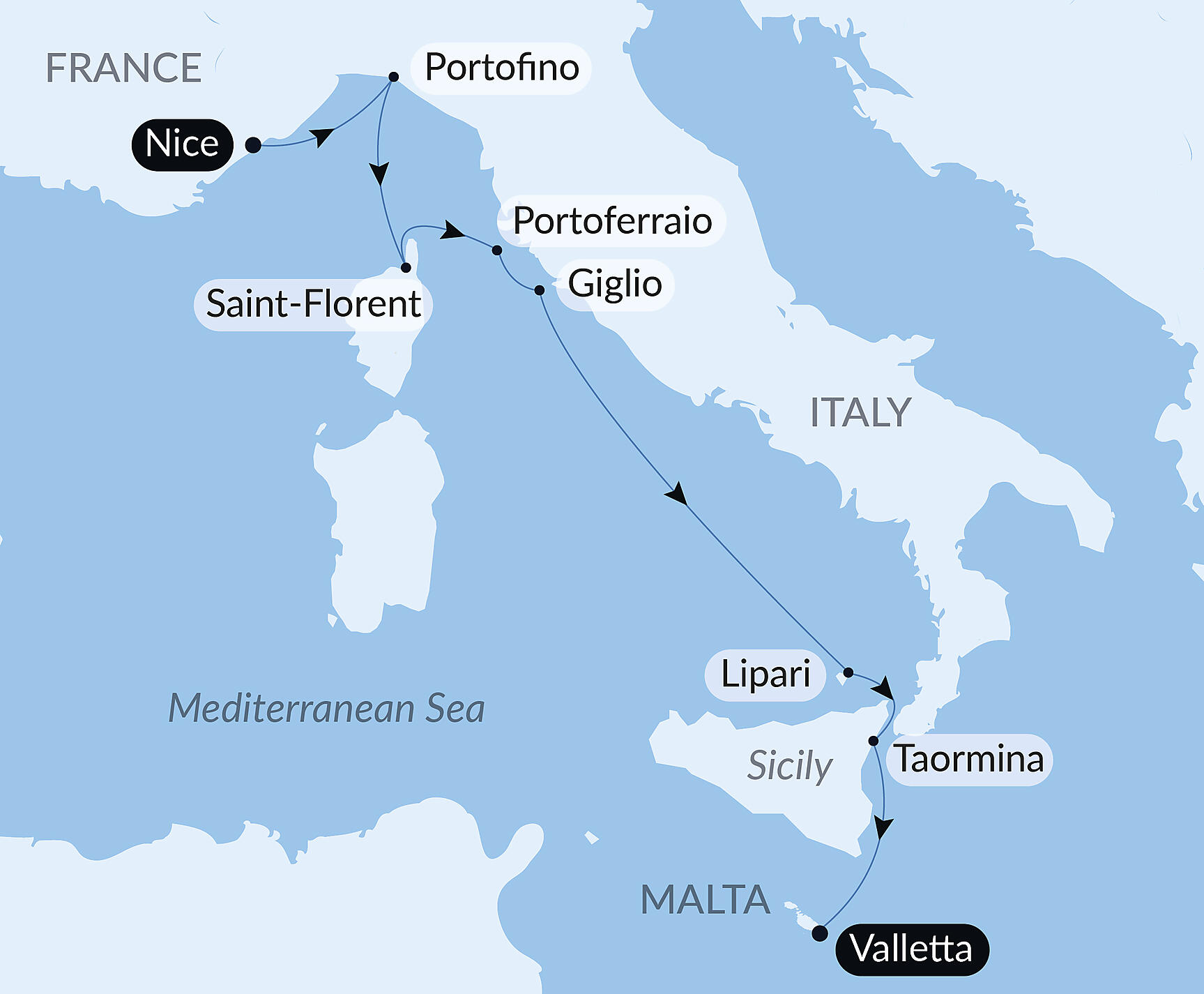 Official PONANT route map for Isle of Beauty, Italian Shores & Malta aboard Le Bougainville, Voyage EG290828