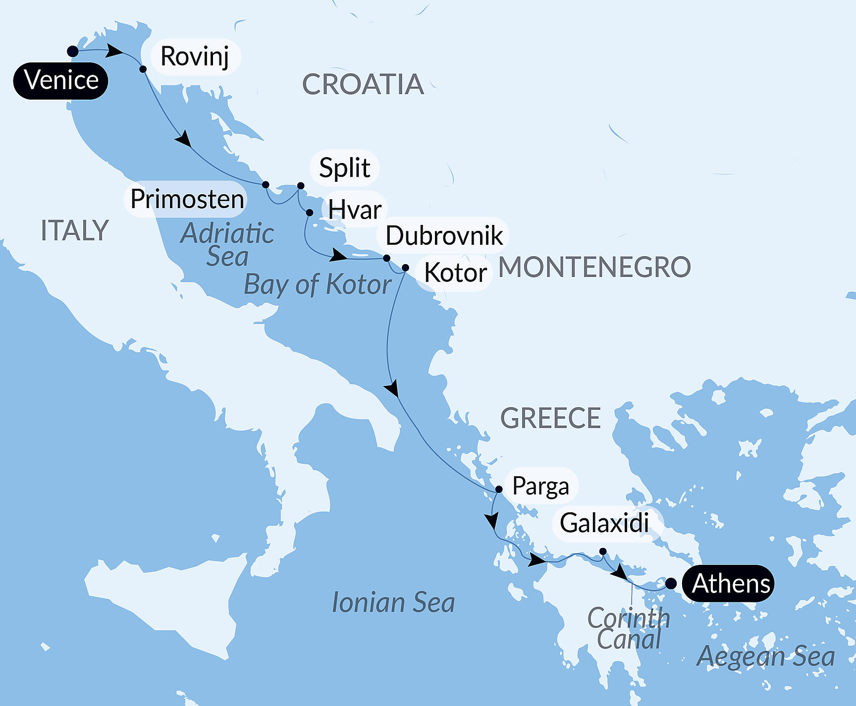 Official PONANT route map for From the canals of Venice to the city of gods aboard Le Champlain, Voyage EC290828